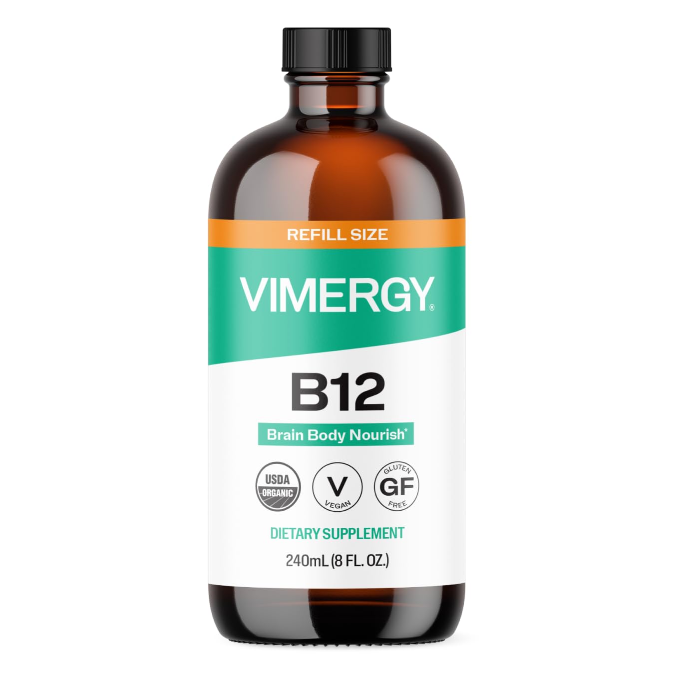 Vimergy frasco frontal de B12 líquida mostrando etiqueta clara y tamaño