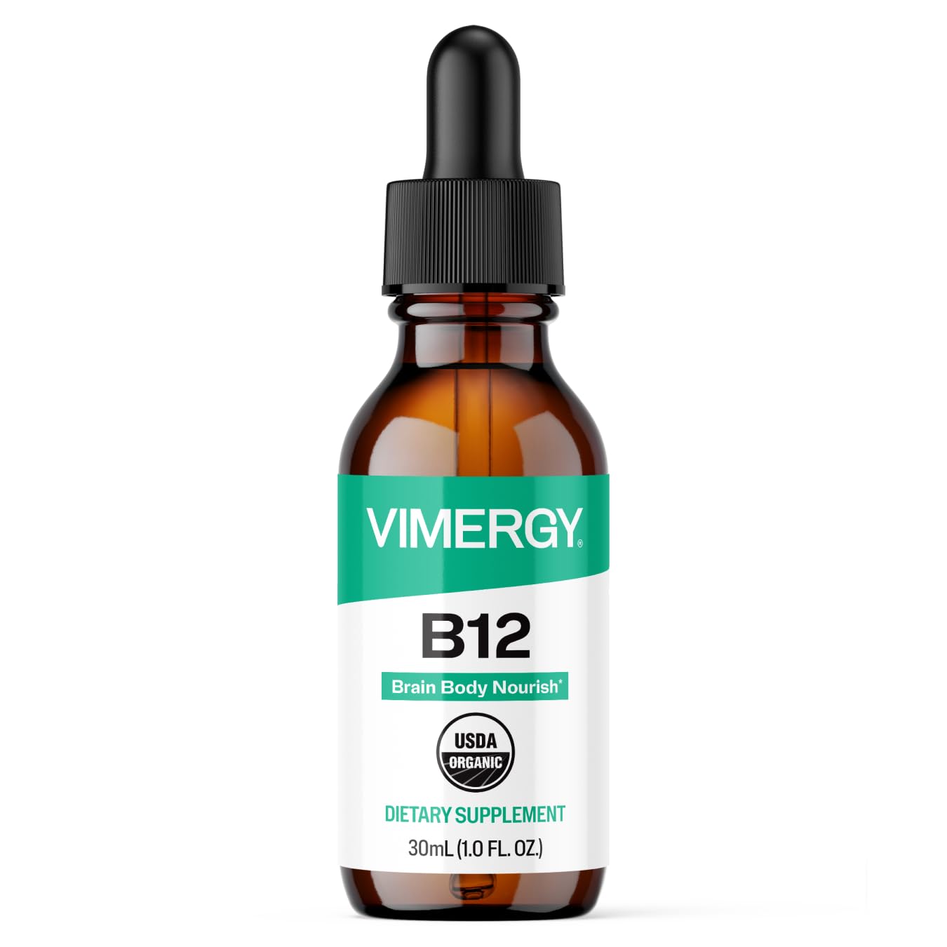 Vimergy frasco frontal B12 orgánica muestra etiqueta clara y confianza