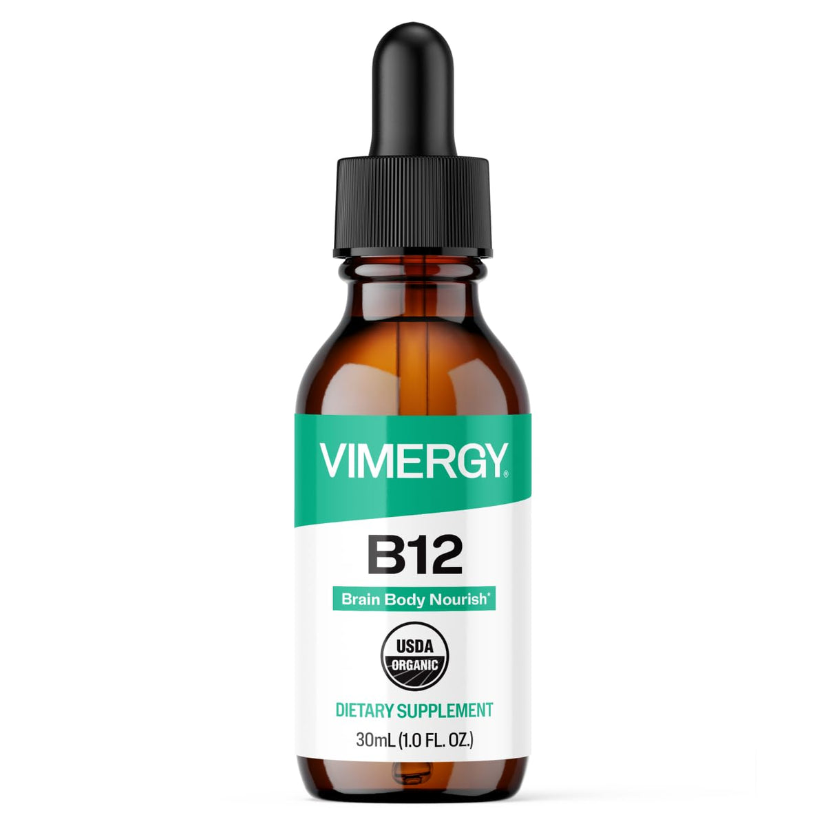 Vimergy frasco frontal B12 orgánica muestra etiqueta clara y confianza