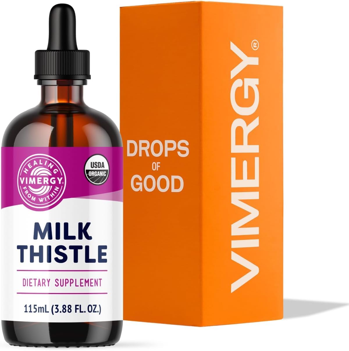 Vimergy frasco frontal de Milk Thistle mostrando etiqueta clara y beneficios