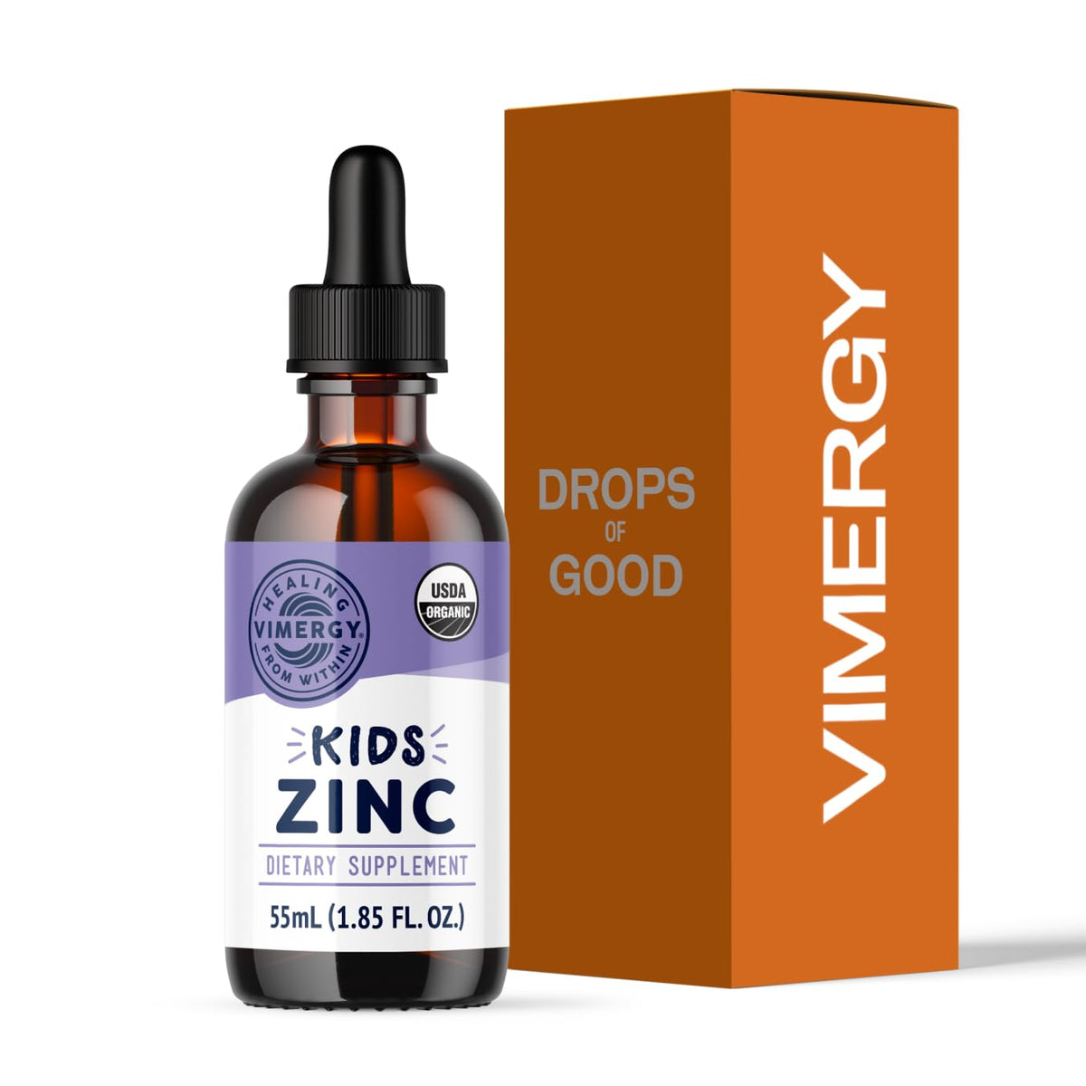 Vimergy frasco frontal del zinc líquido para niños, presentación clara y orgánica