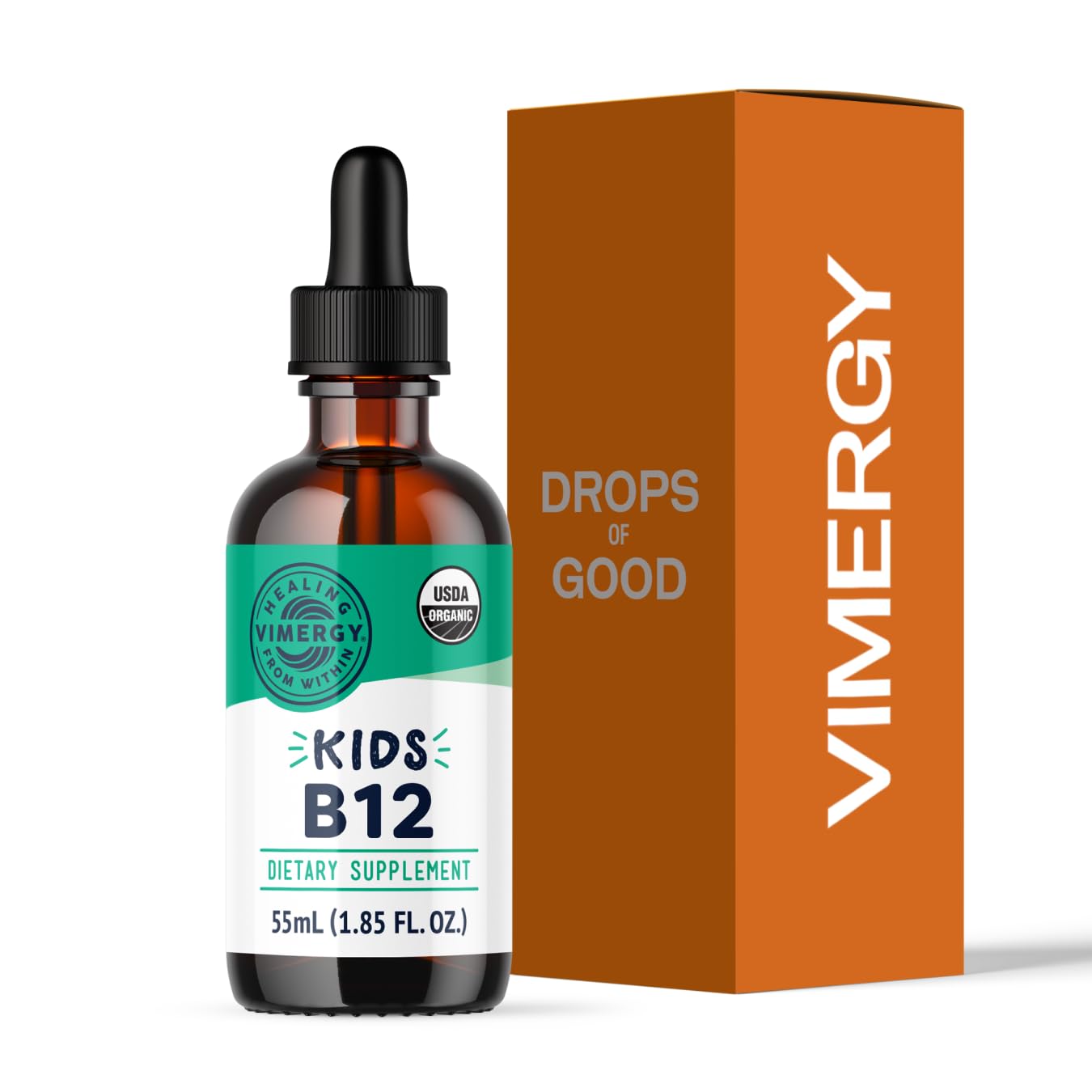 Vimergy botella frontal B12 kids mostrando etiqueta orgánica y beneficio de dos formas