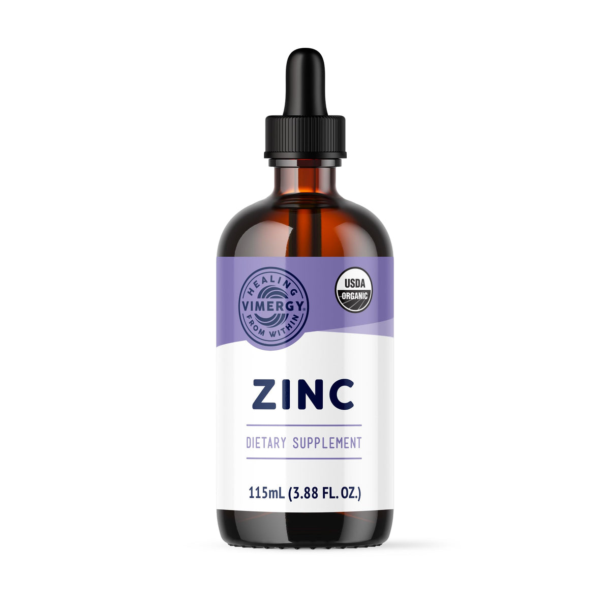 Vimergy frasco frontal de Zinc 115 ml mostrando etiqueta orgánica y tamaño