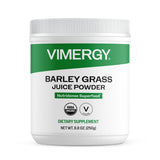 Vimergy envase frontal de pasto de cebada mostrando tamaño y pureza