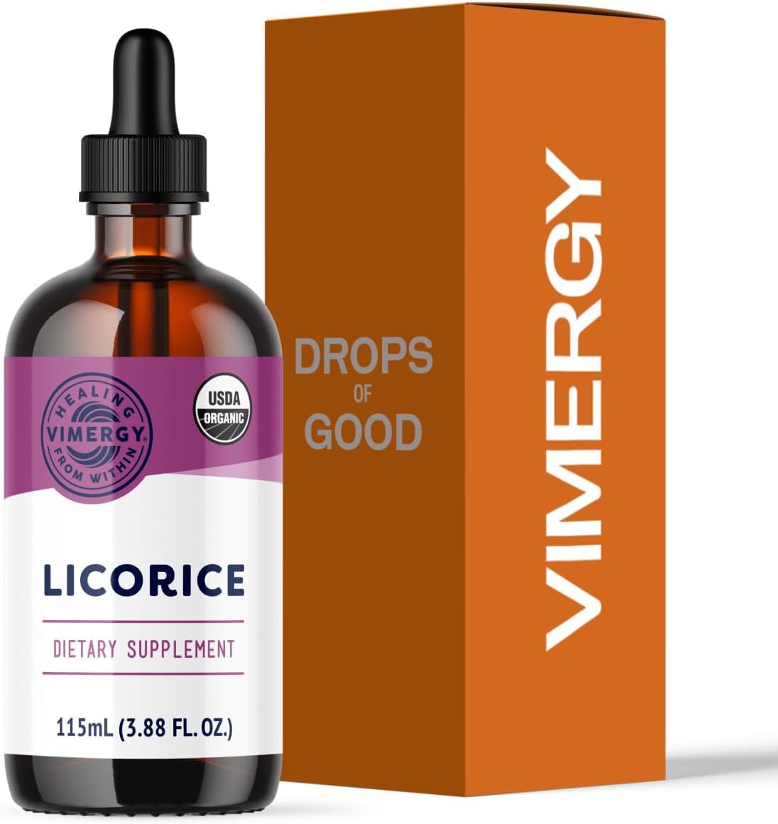 Vimergy regaliz frontal botella orgánica mostrando envase compacto
