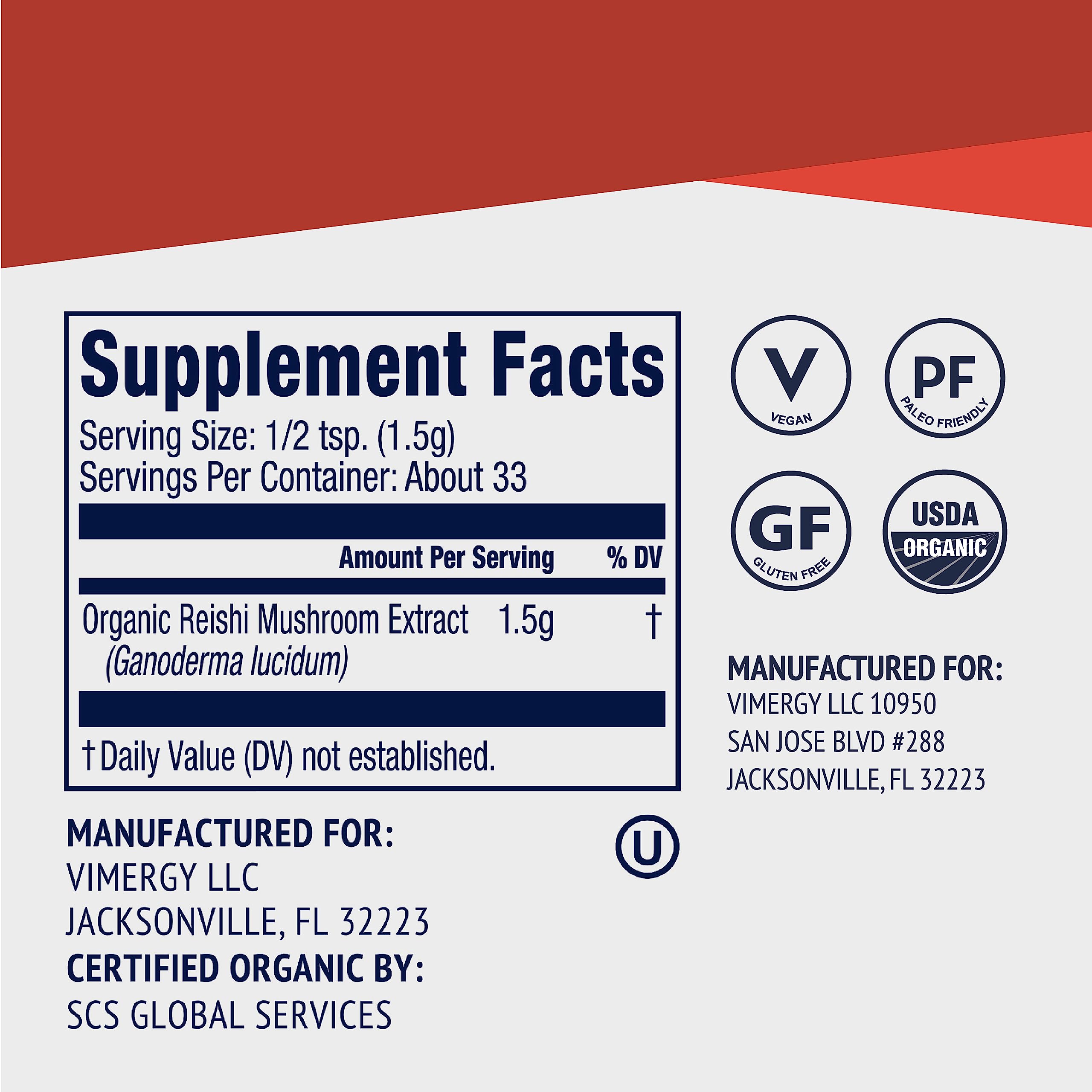 Vimergy reishi etiqueta con certificaciones orgánicas y limpias