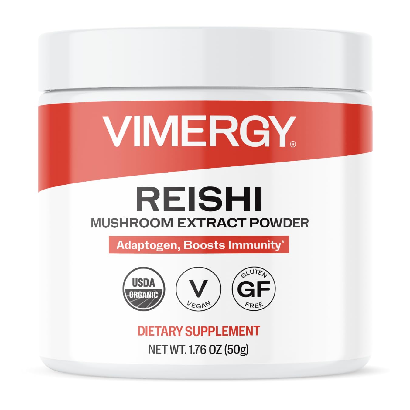 Vimergy reishi frente del envase mostrando diseño y tamaño práctico