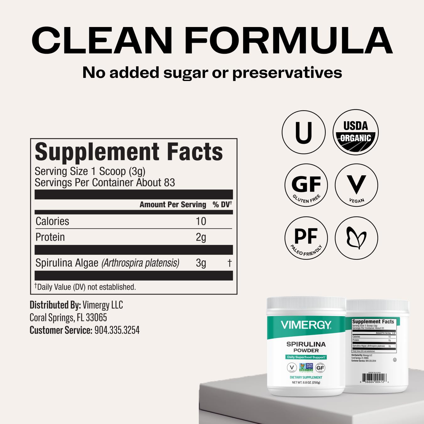 Vimergy spirulina cucharada para comparar tamaño de porción, ayuda a dosificar fácilmente