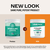 Vimergy spirulina etiqueta con información nutricional legible, muestra ingredientes y certificaciones