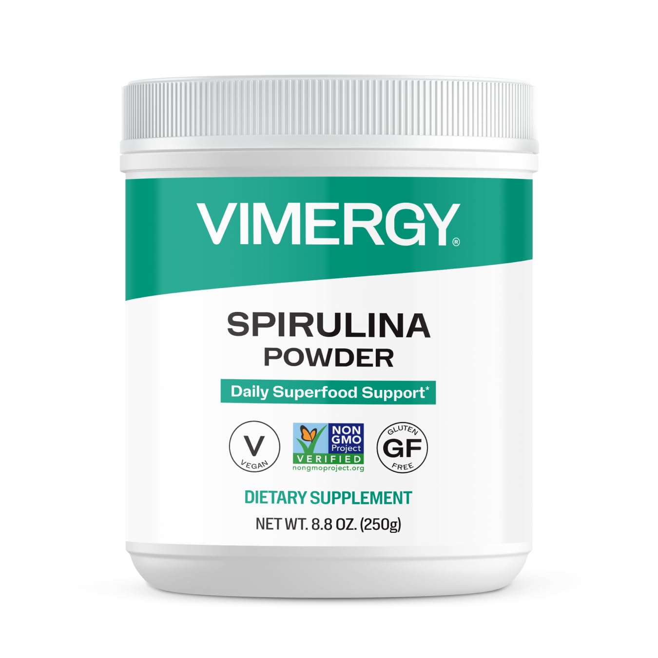 Vimergy spirulina frente del empaque mostrando el envase y la marca, aporta confianza