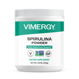 Vimergy spirulina frente del empaque mostrando el envase y la marca, aporta confianza