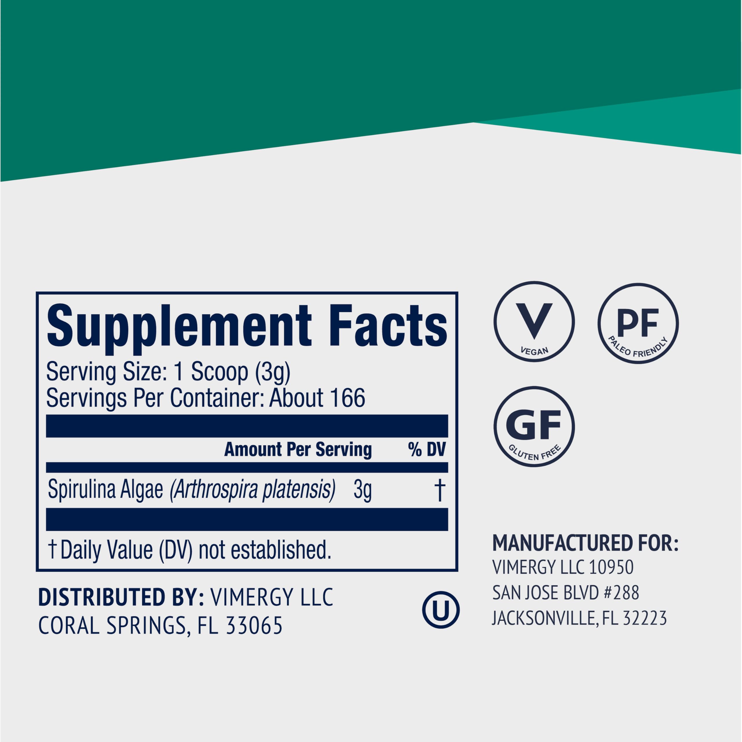 Vimergy cuchara con spirulina mostrando dosificación fácil