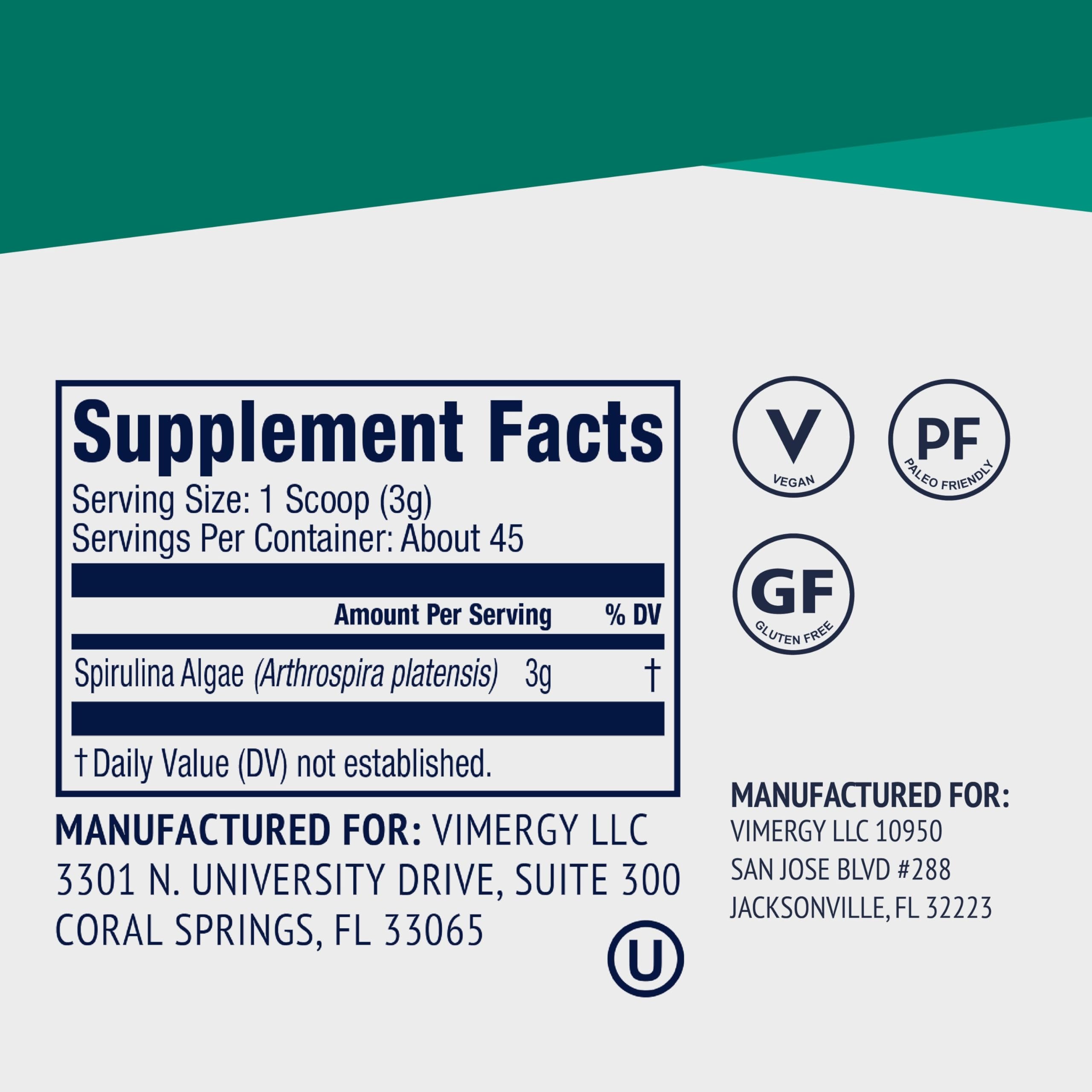 Vimergy spirulina cucharada comparativa que muestra la porción recomendada visualmente