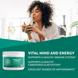 Vimergy spirulina textura en polvo primer plano que ilustra su fácil disolución