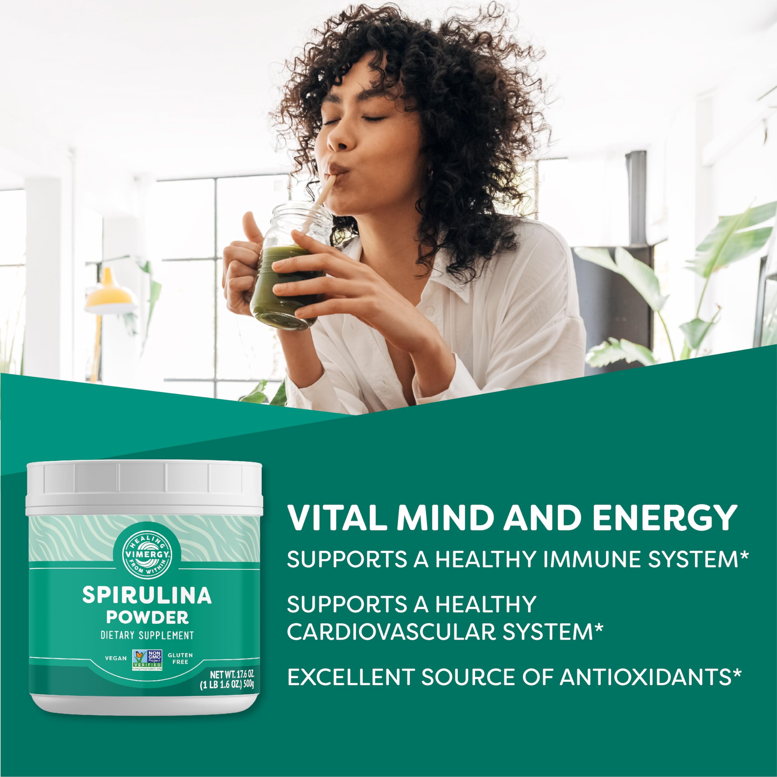 Vimergy polvo de spirulina textura fina que facilita mezcla