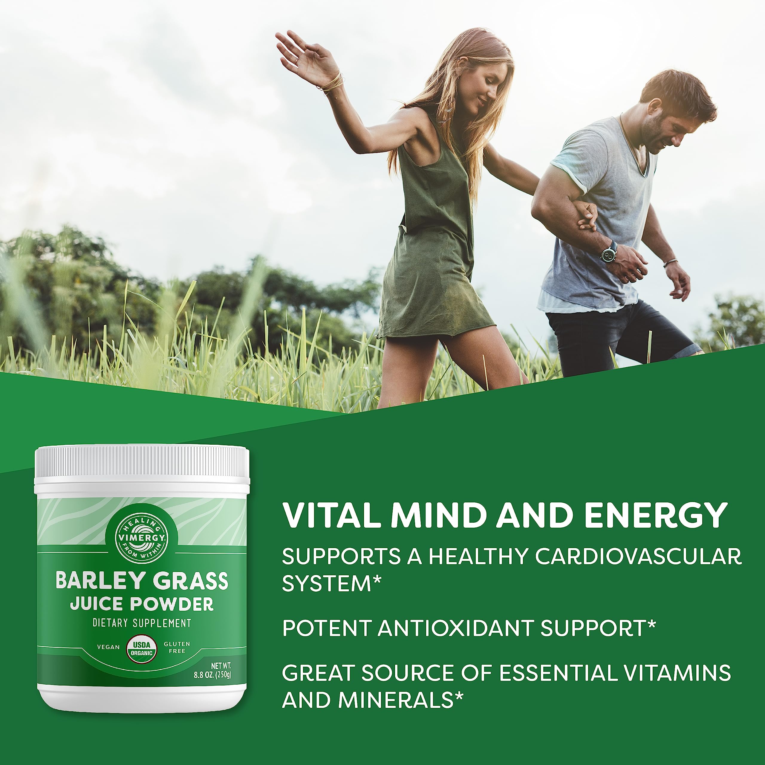 Vimergy primer plano del polvo verde liofilizado, alta concentración nutricional