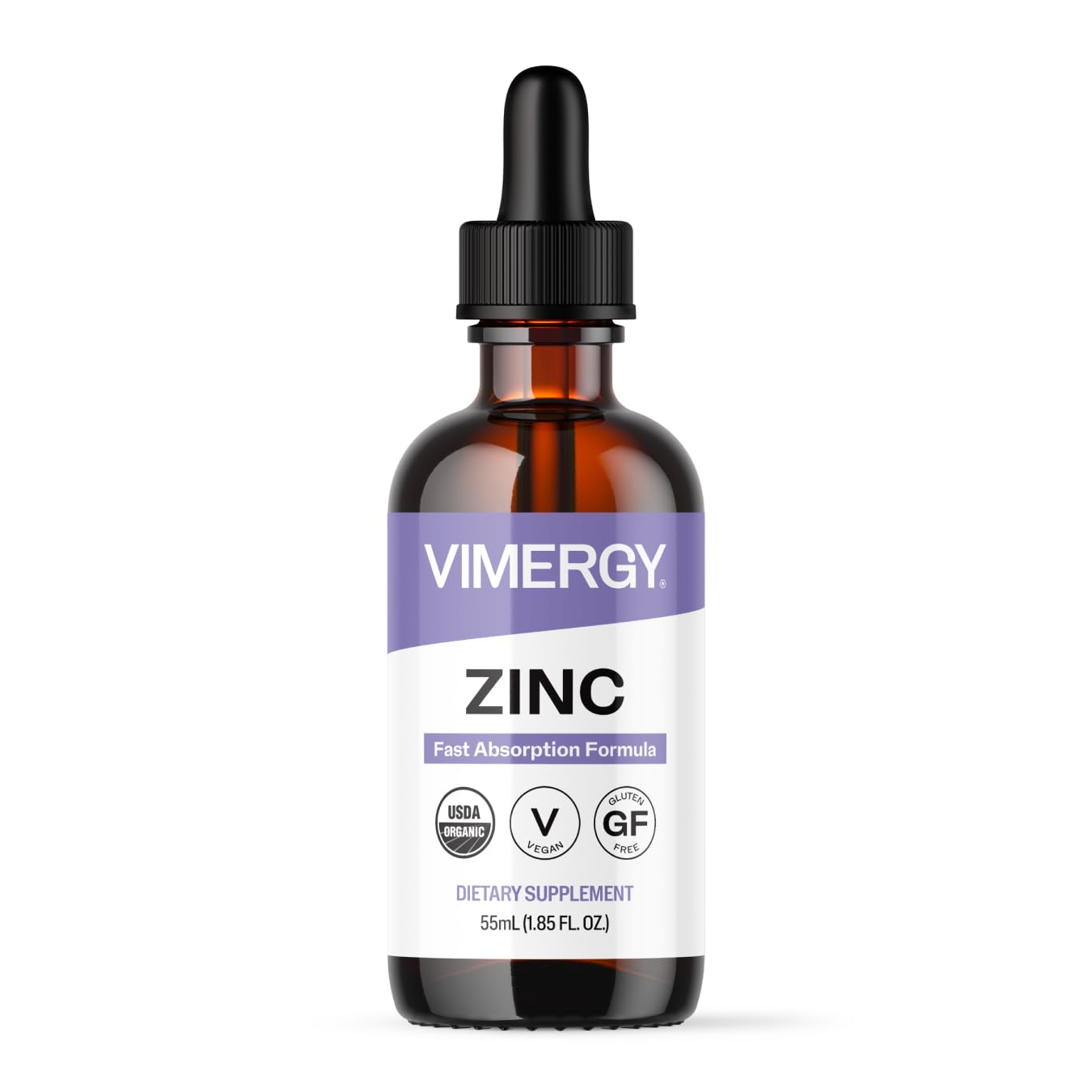 Vimergy Zinc frontal del envase mostrando etiqueta orgánica y beneficios