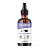 Vimergy Zinc frontal del envase mostrando etiqueta orgánica y beneficios