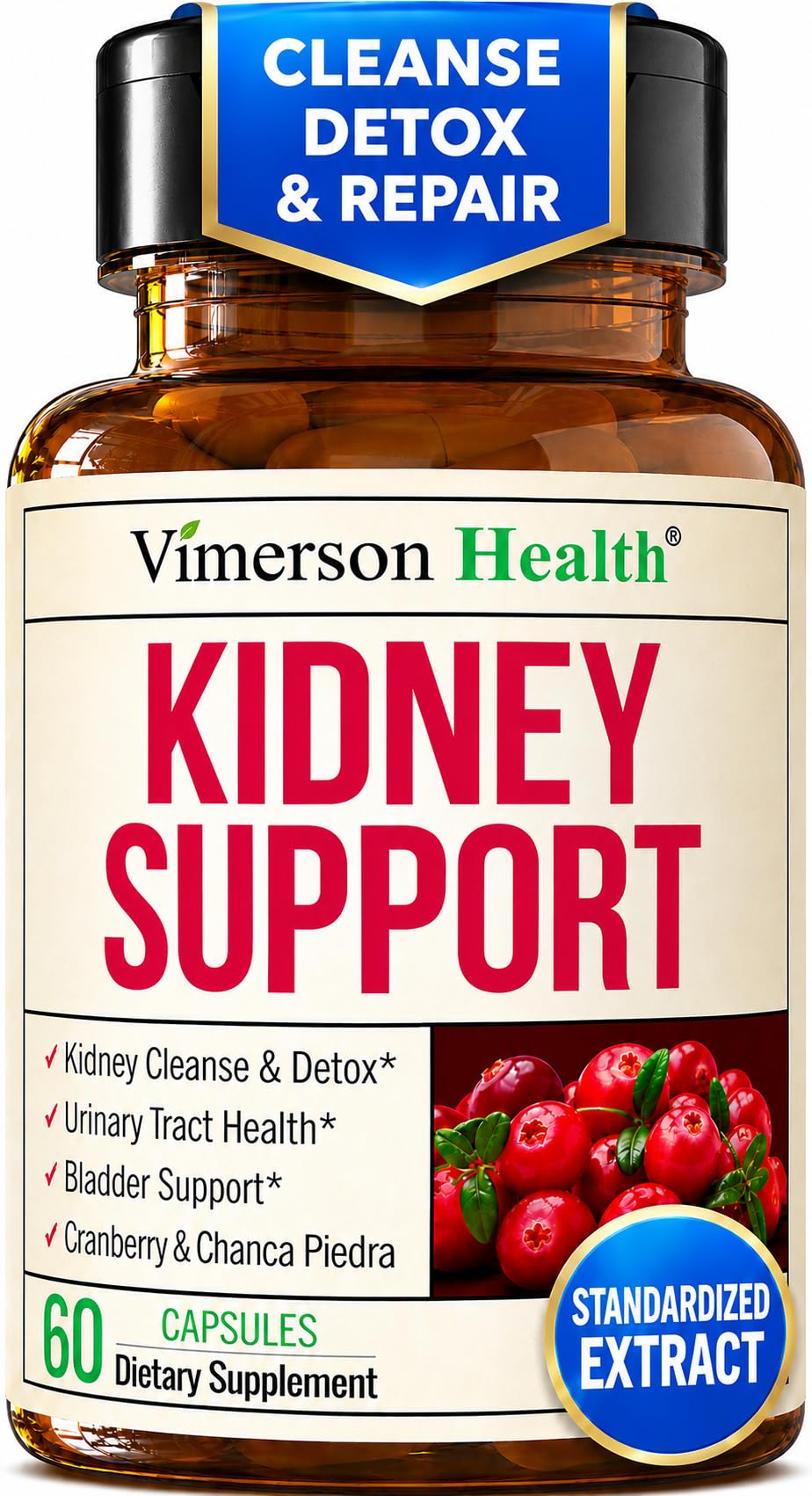 Vimerson Health frasco frontal mostrando suplemento renal y beneficios generales