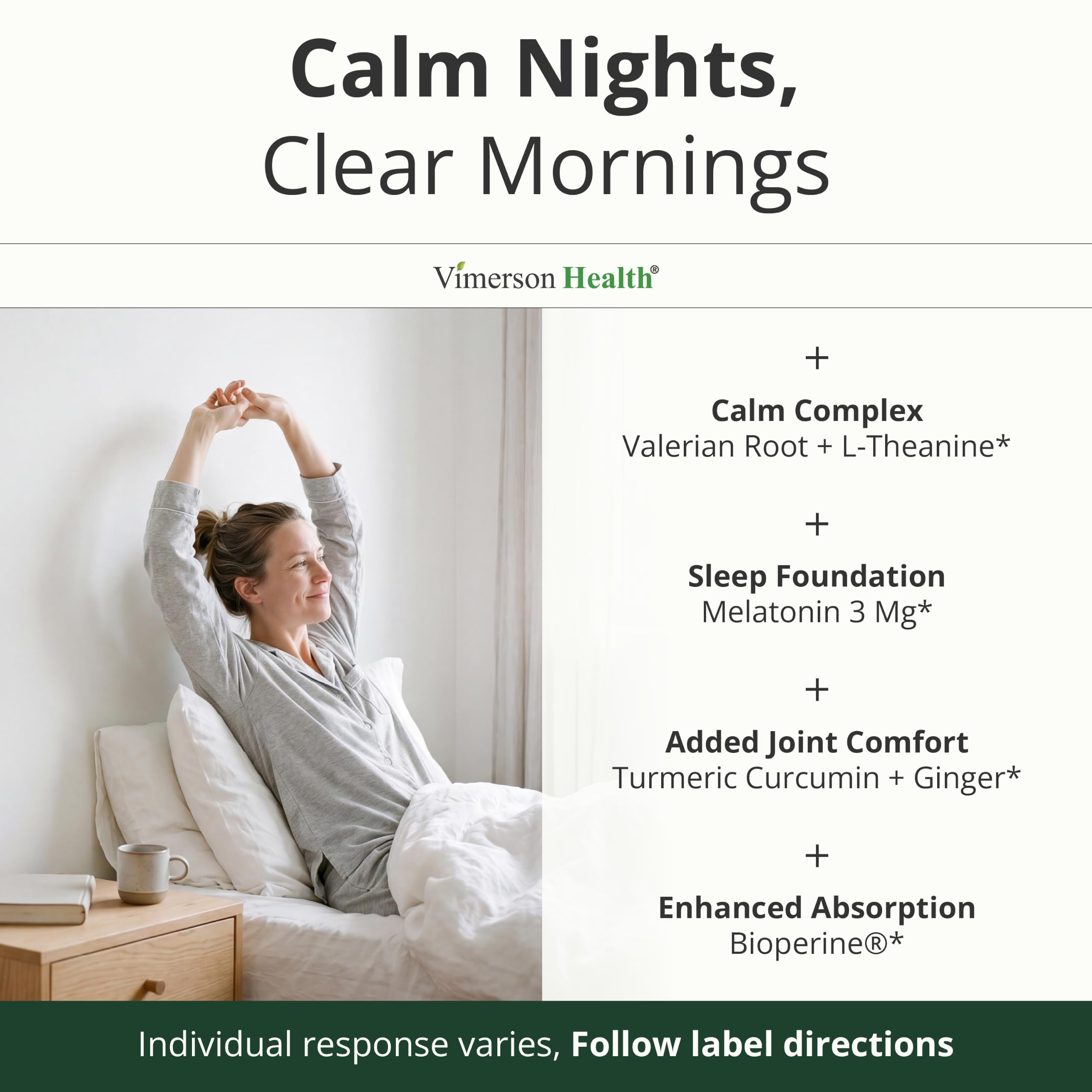 Vimerson Health cápsula en uso junto a cama para hábito nocturno relajante
