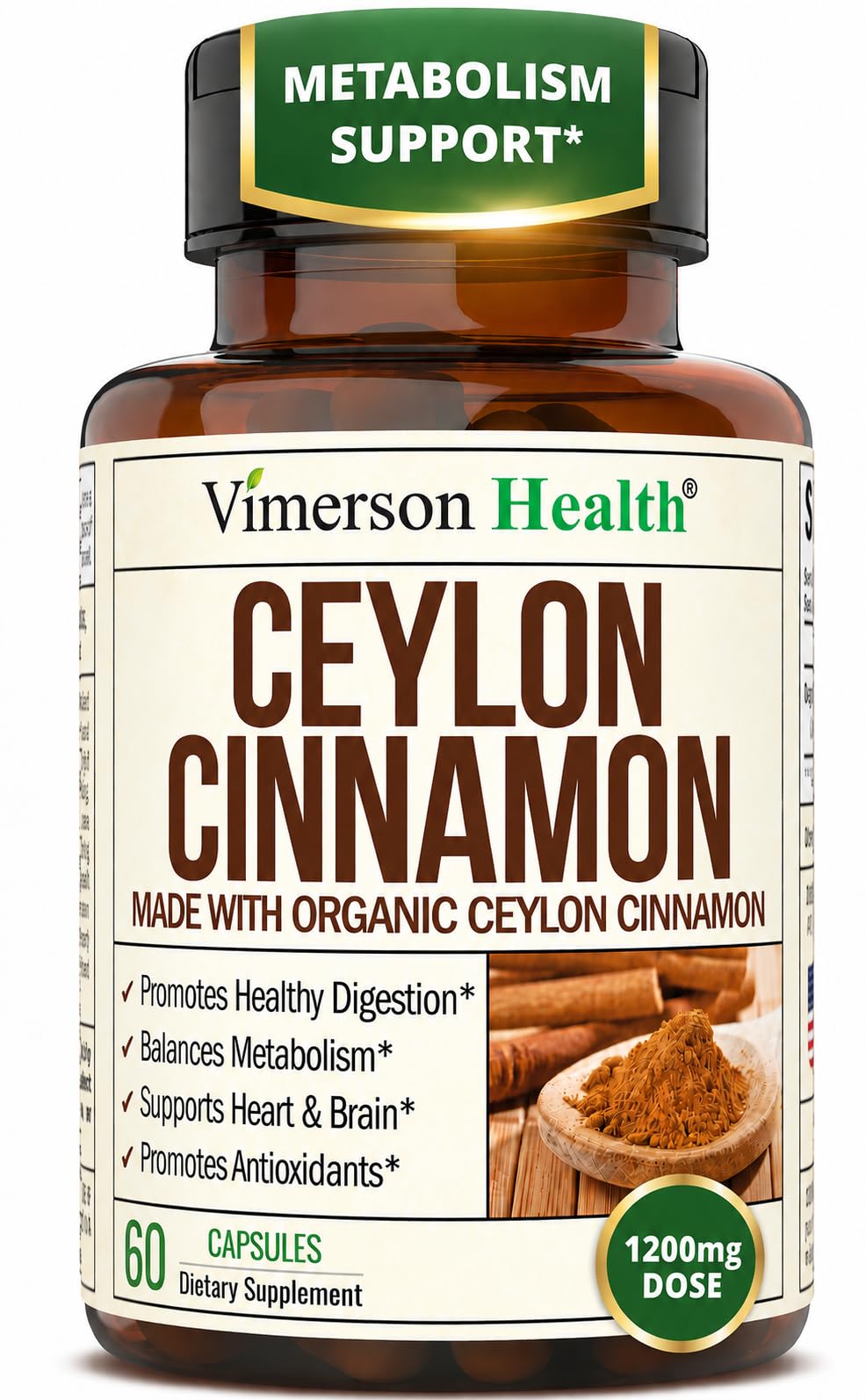 Vimerson Health frasco frontal con canela Ceylán orgánica mostrando diseño y confianza