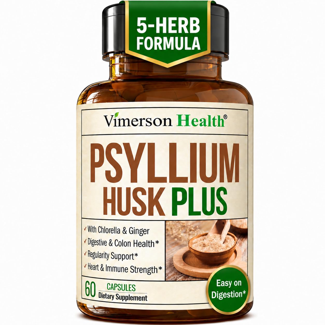 Vimerson Health frasco frontal mostrando cápsulas y ventaja de fibra diaria