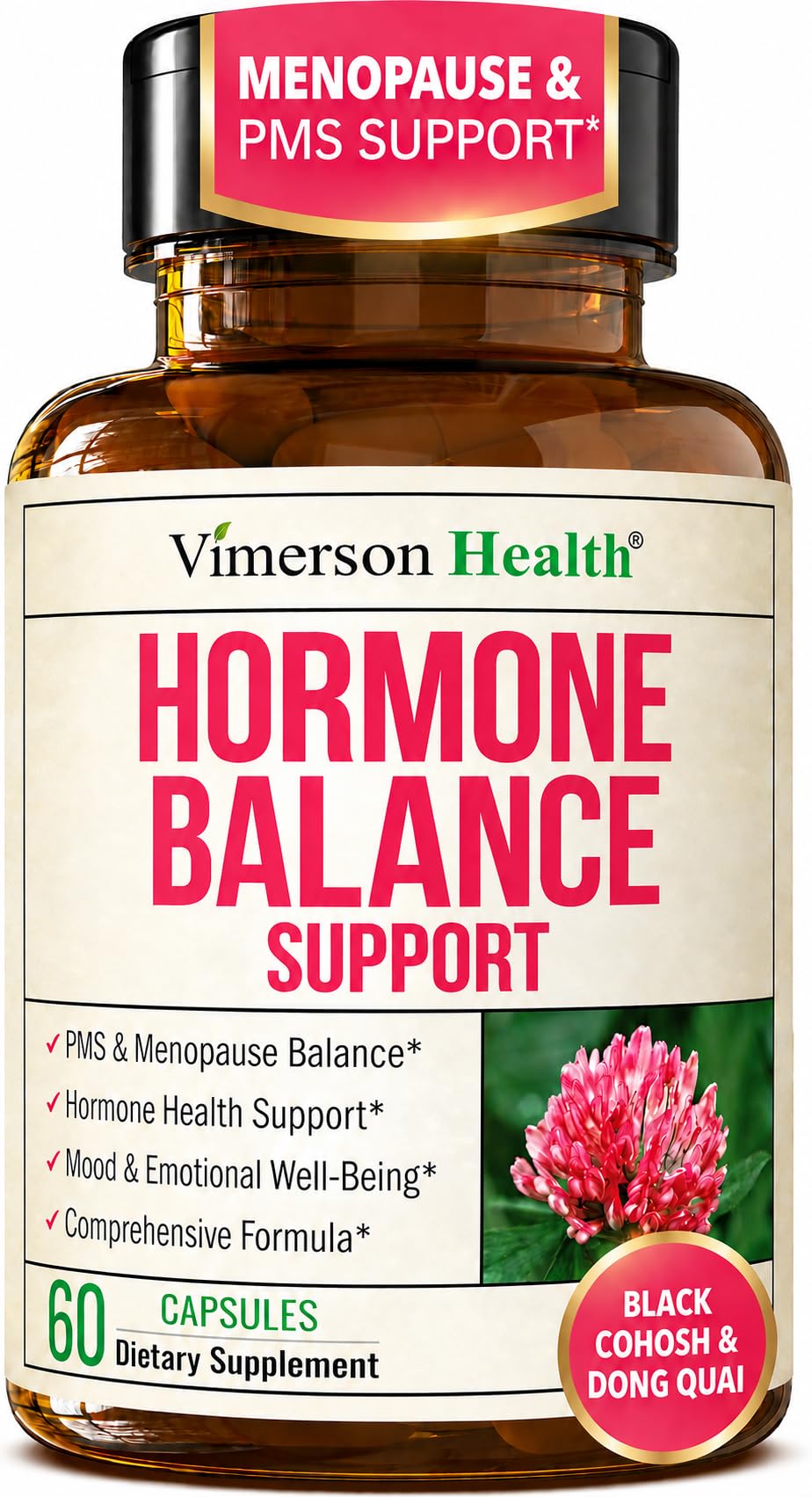 Vimerson Health frasco frontal mostrando diseño y beneficio de equilibrio