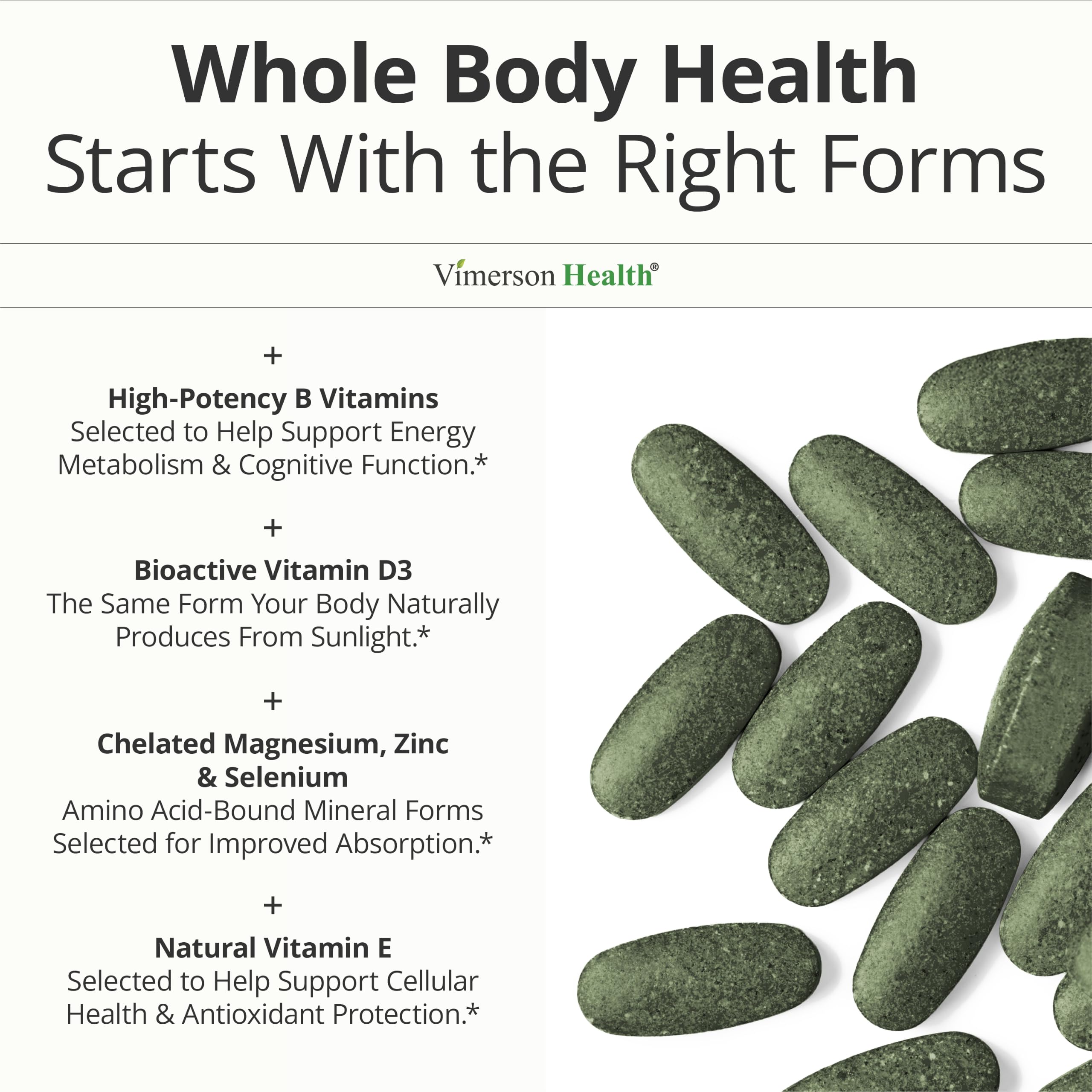 Vimerson Health etiqueta detallada resaltando vitaminas, minerales y formas queladas