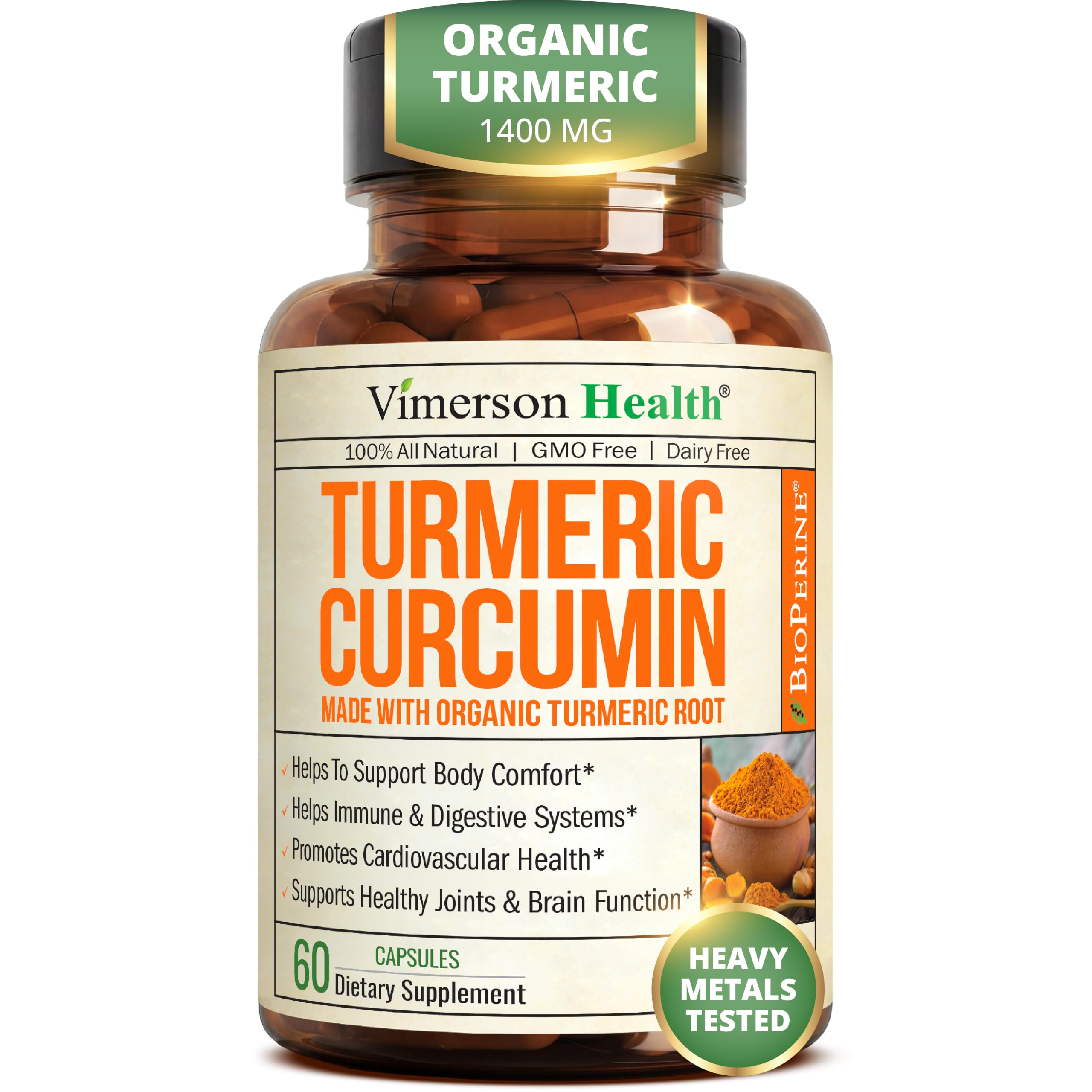 Vimerson Health frasco frontal con cúrcuma, visibilidad de producto y confianza