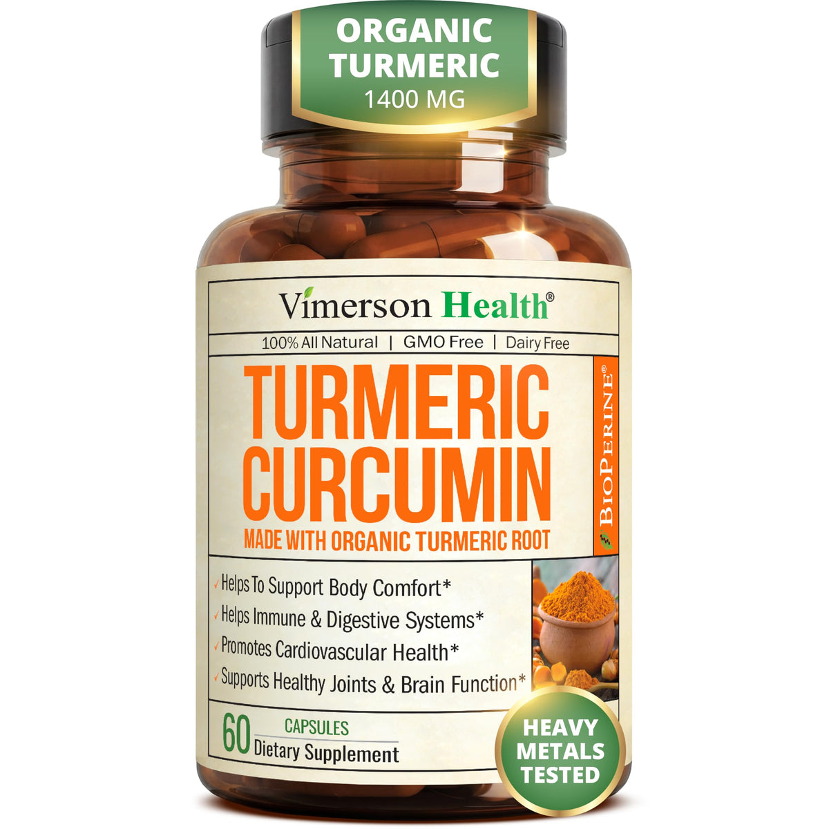 Vimerson Health frasco frontal con cúrcuma, visibilidad de producto y confianza