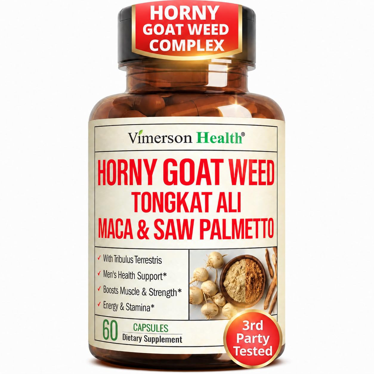 Vimerson Health envase frontal del Horny Goat Weed, fórmula 9 en 1 para energía