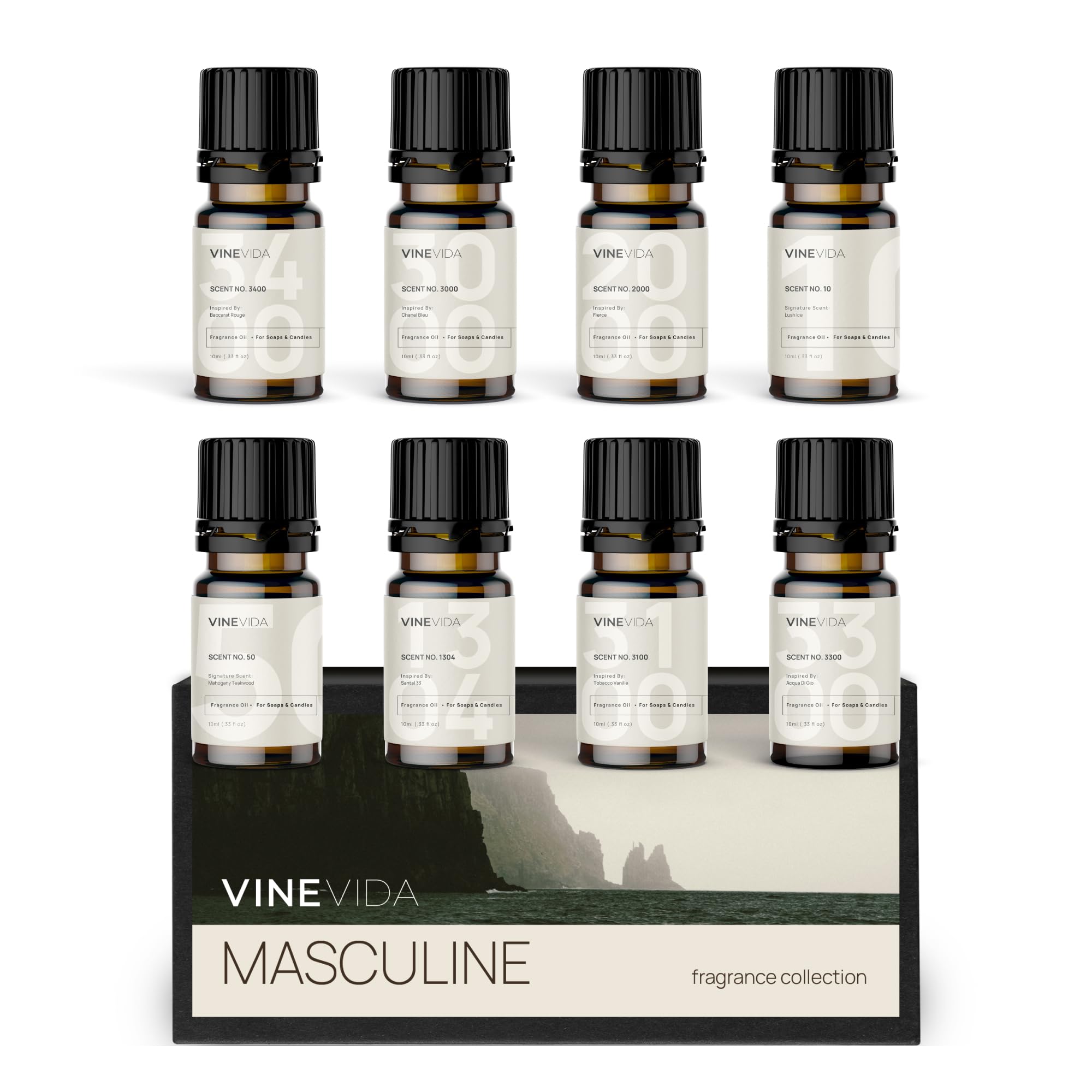 VINEVIDA set frente mostrando ocho botellas y beneficios aromáticos
