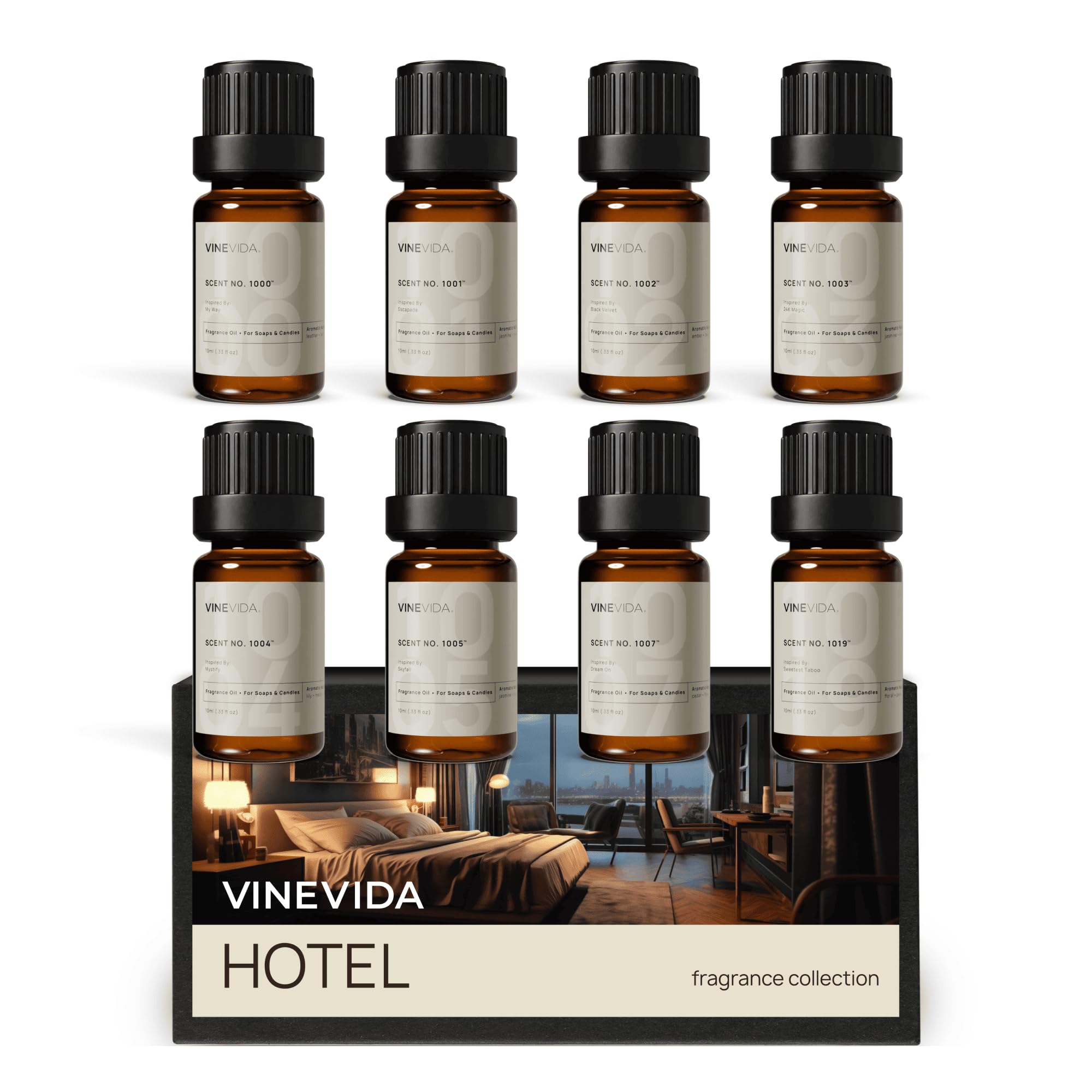 VINEVIDA vista frontal del paquete mostrando las ocho fragancias premium y lujo