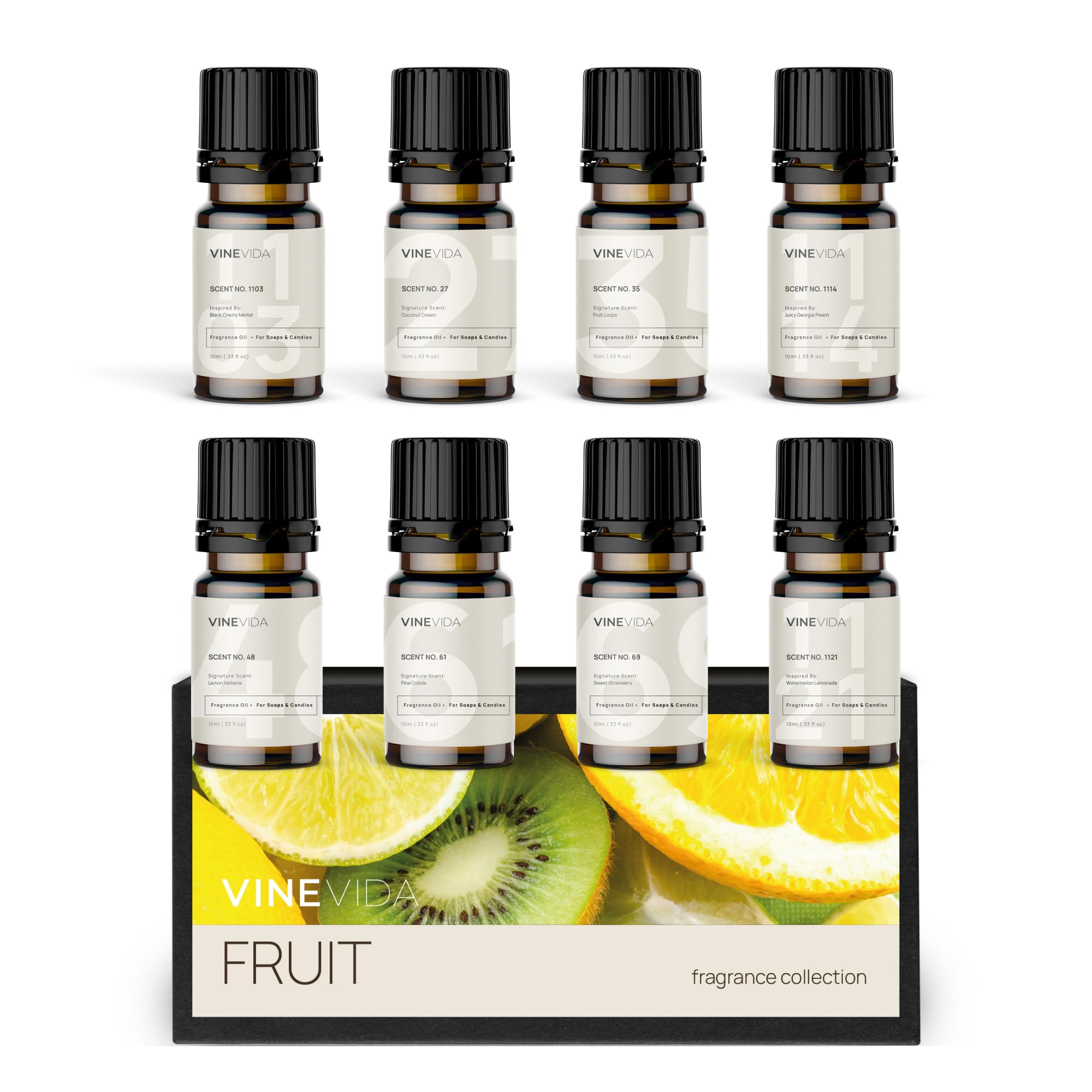 VINEVIDA packaging frontal del set de ocho aromas frutales, variedad para proyectos DIY