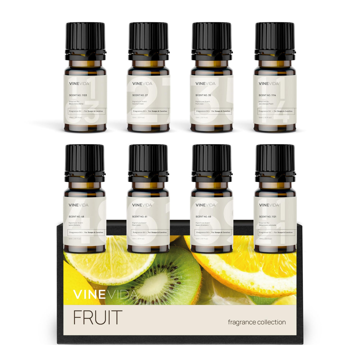 VINEVIDA packaging frontal del set de ocho aromas frutales, variedad para proyectos DIY