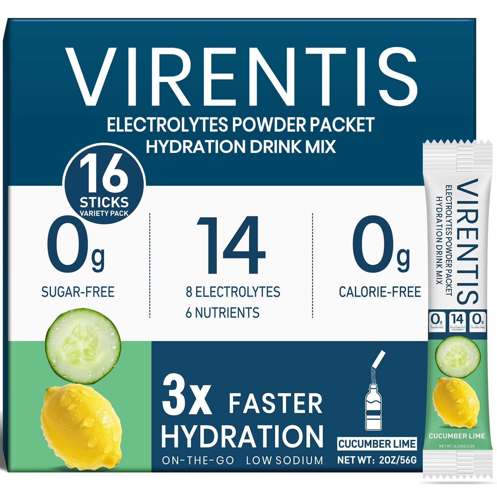 VIRENTIS vista frontal del empaque que muestra los 16 sobres y el sabor pepino lima