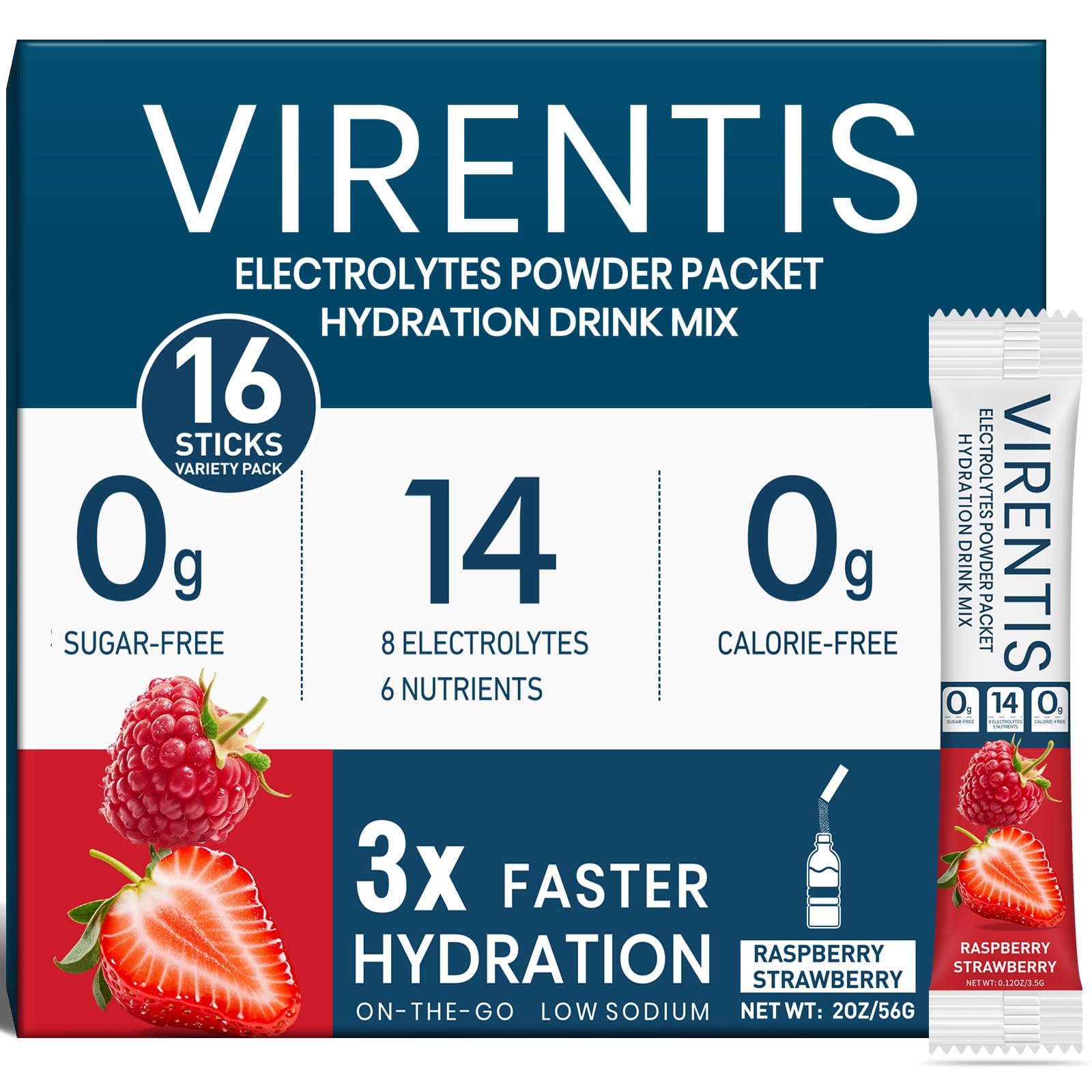 VIRENTIS frente del envase mostrando 16 sticks y sabor frambuesa-fresa, práctico para viajar