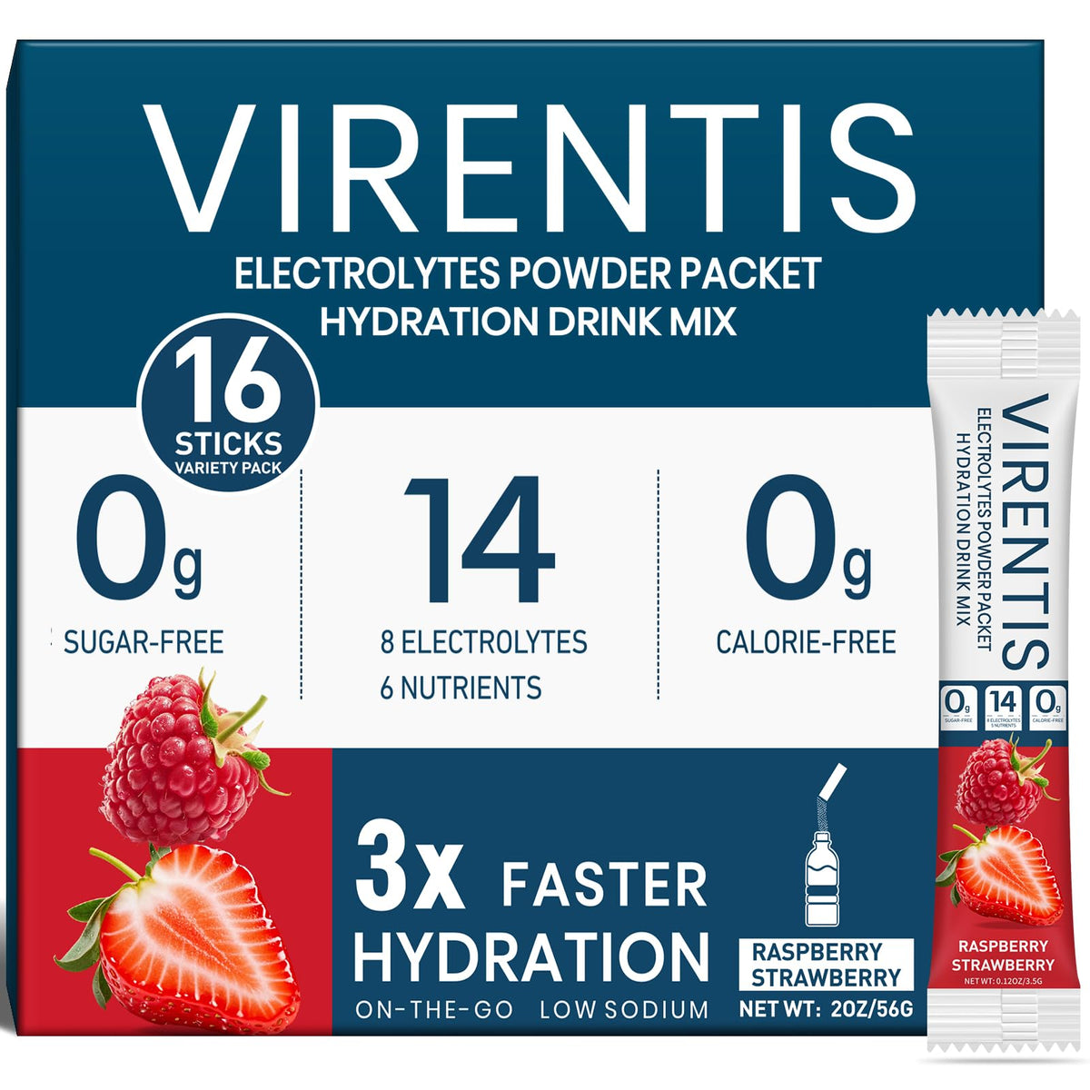 VIRENTIS frente del envase mostrando 16 sticks y sabor frambuesa-fresa, práctico para viajar
