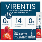 VIRENTIS frente del envase mostrando 16 sticks y sabor frambuesa-fresa, práctico para viajar