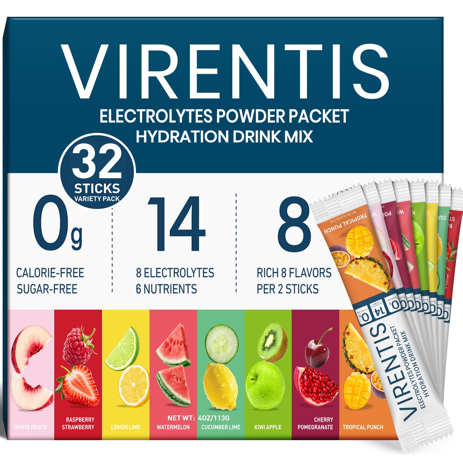 VIRENTIS vista frontal del paquete que muestra variedad de sabores y beneficio hidratación