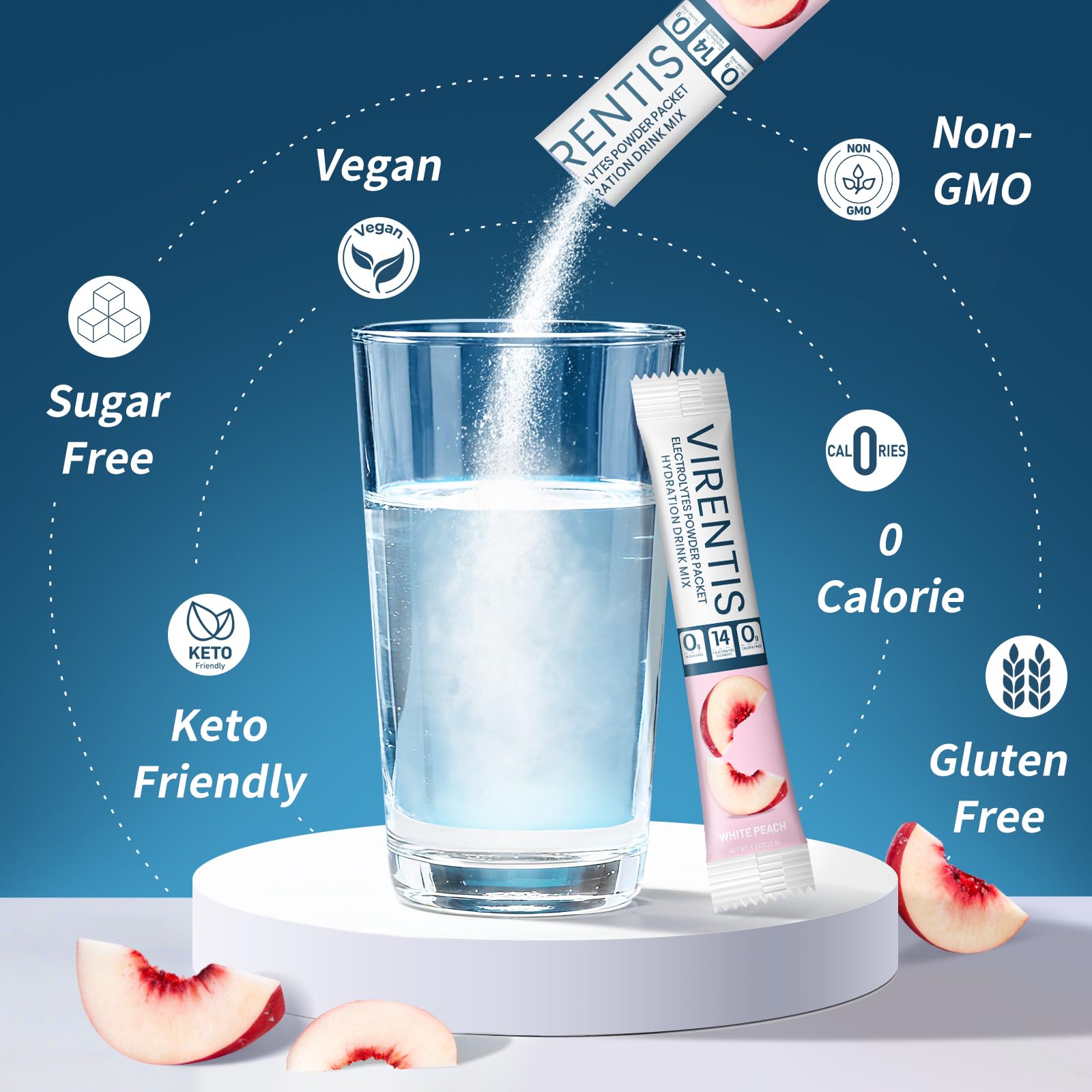 VIRENTIS vaso con bebida durazno blanco y hielo, beneficio hidratación refrescante