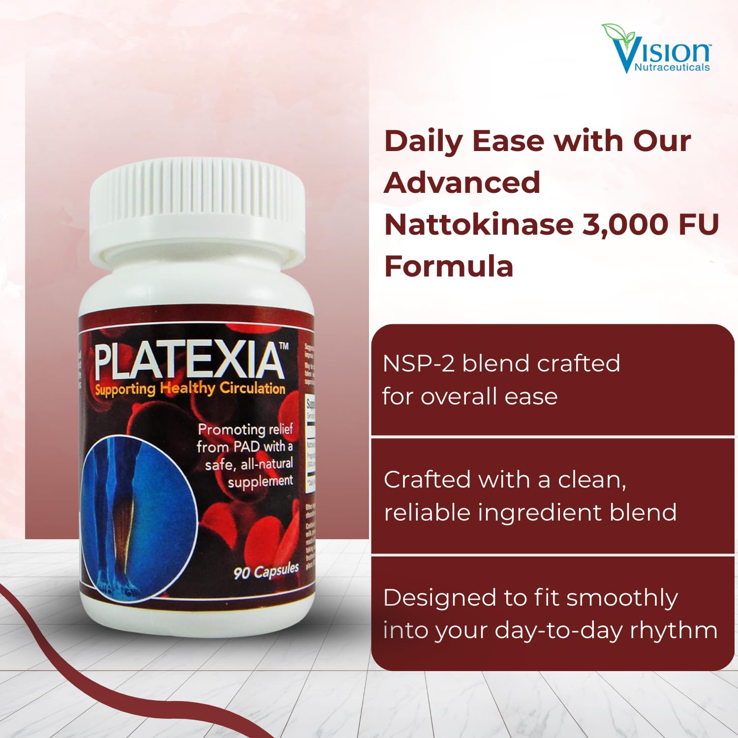 Vision Nutraceuticals producto en mesa con frutas, apoyo a estilo saludable