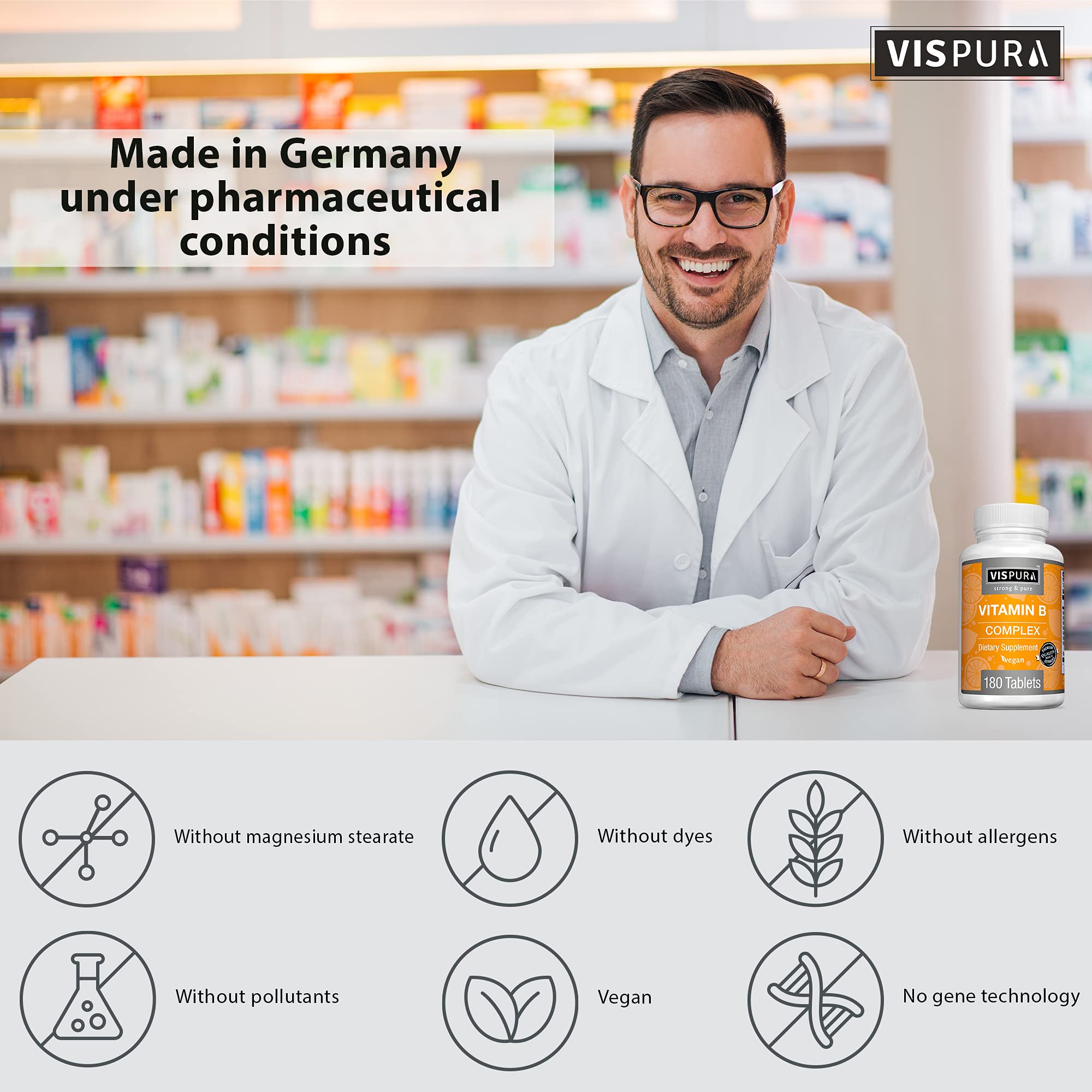 VISPURA etiqueta de ingredientes clara, lista de vitaminas B completa