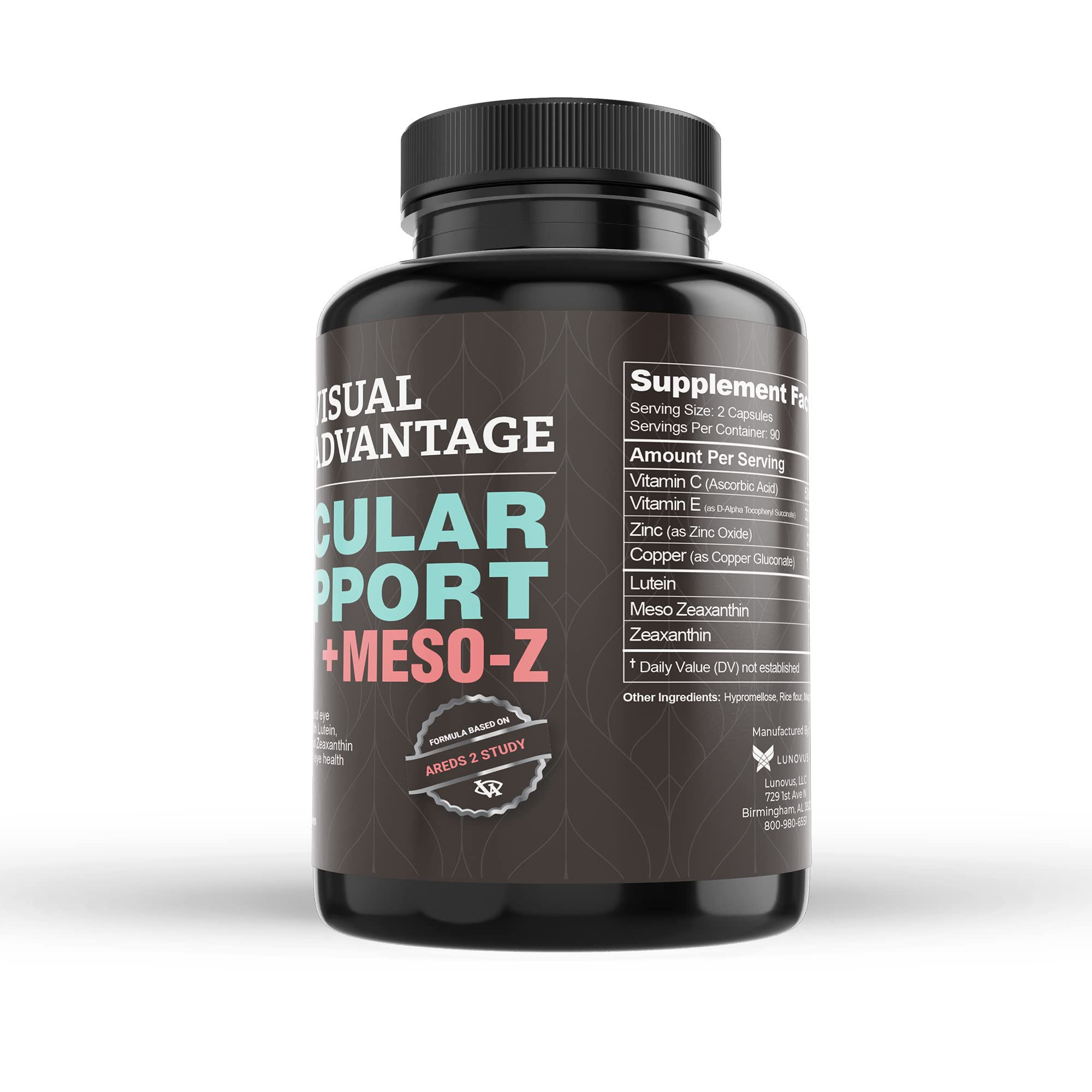 Visual Advantage empaque sobre mesa resaltando suministro de 180 cápsulas y valor