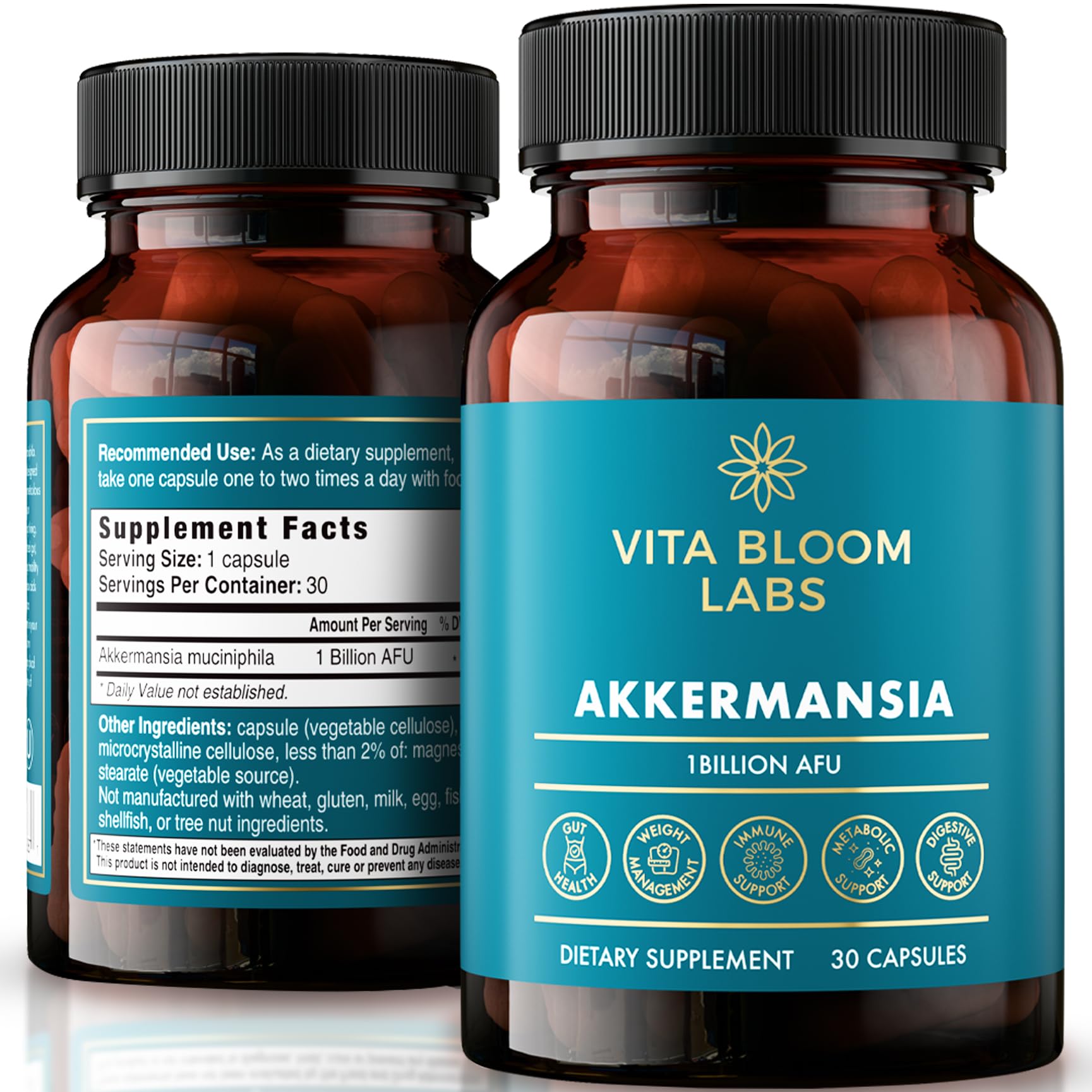 Vita Bloom Labs frasco frontal mostrando etiqueta y beneficio digestivo