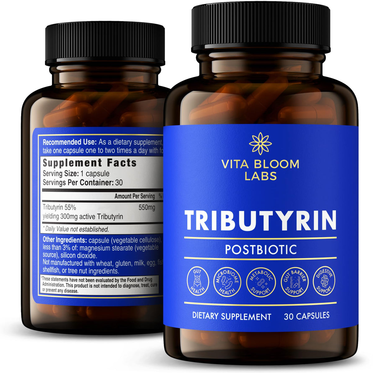 Vita Bloom Labs frasco frontal mostrando etiqueta y cápsulas, conveniencia diaria