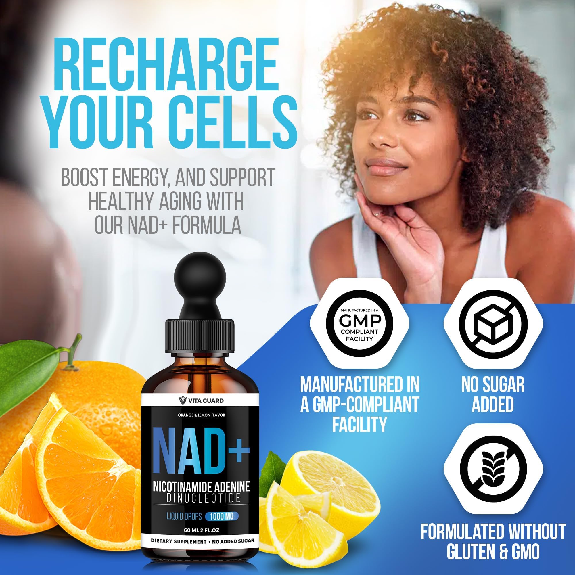 Vita Guard junto a limones y naranjas mostrando sabor cítrico natural y fresco