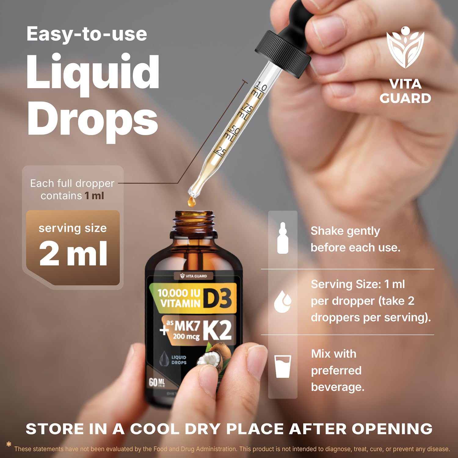 Vita Guard aplicación sublingual de dos gotas, cómodo y sin pastillas.