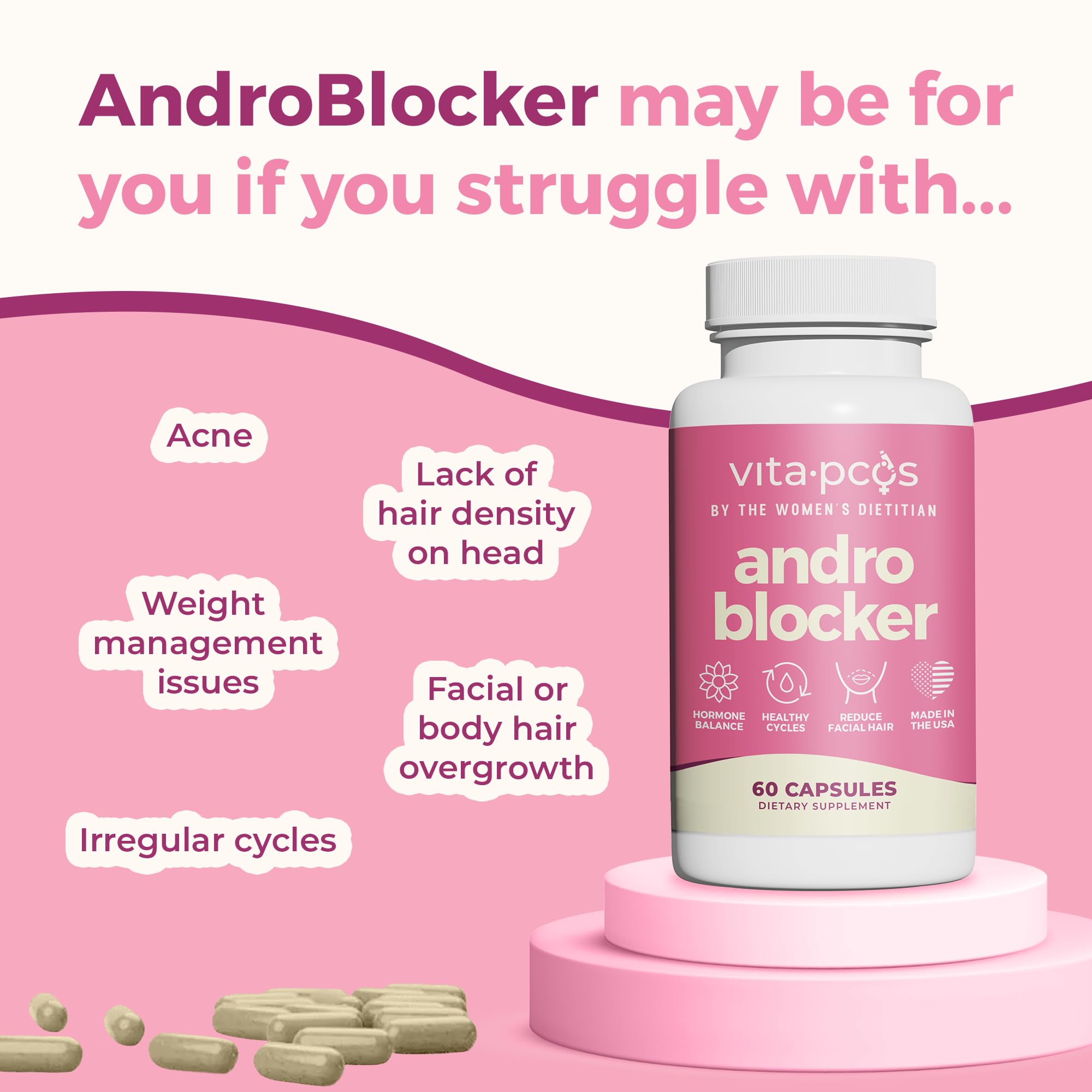 VITA-PCOS AndroBlocker mano sosteniendo cápsula, facilita la ingesta