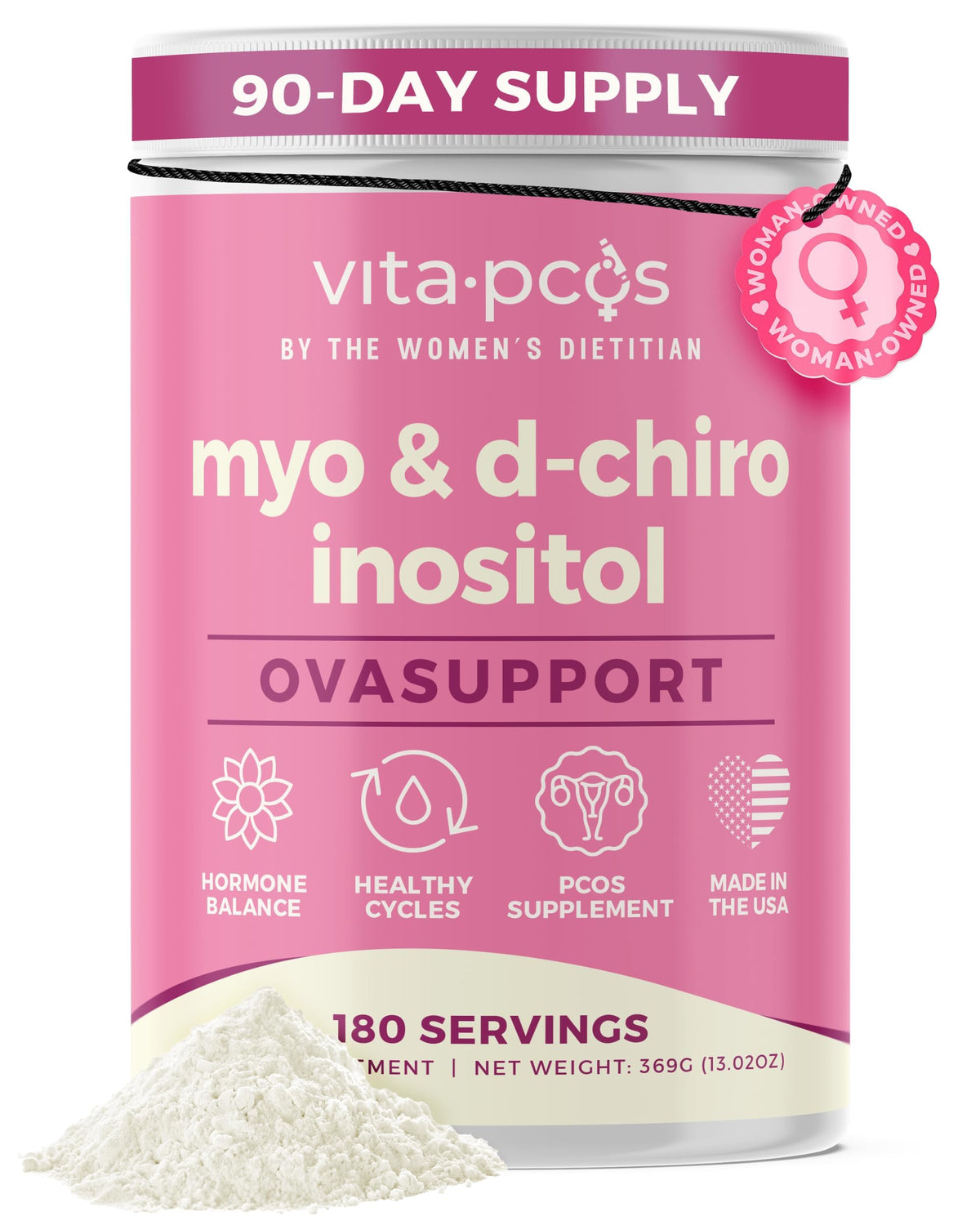 VITA-PCOS envase frontal claro que muestra el producto y su dosificación